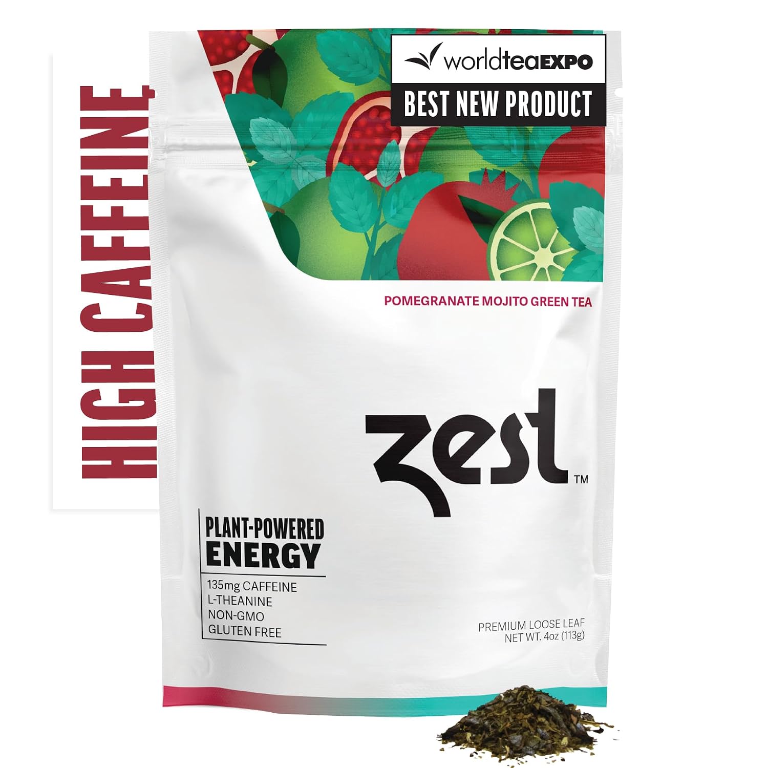 Zest Energy Green Tea – Pomegranate Mojito High Caffeine Tea Bags for Focus & Morning Energy – Natural Caffeinated Tea with 135mg Caffeine – Coffee Substitute – 20Ct Pack, Non-GMO & Keto Friendly