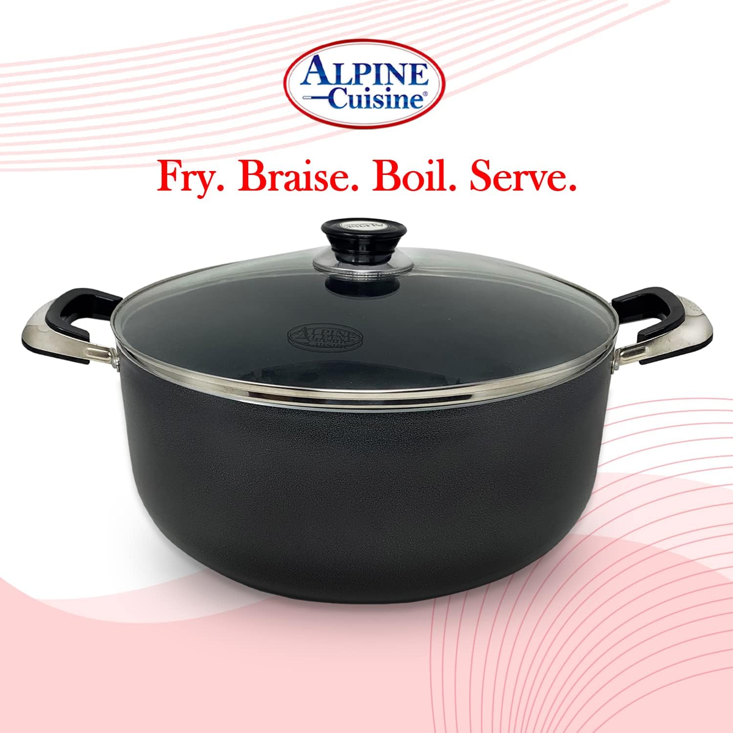 Alpine Cuisine 4 Quart Non-stick Stock Pot with Tempered Glass Lid and Carrying Handles, Multi-Purpose Cookware Aluminum Dutch Oven for Braising, Boiling, Stewing