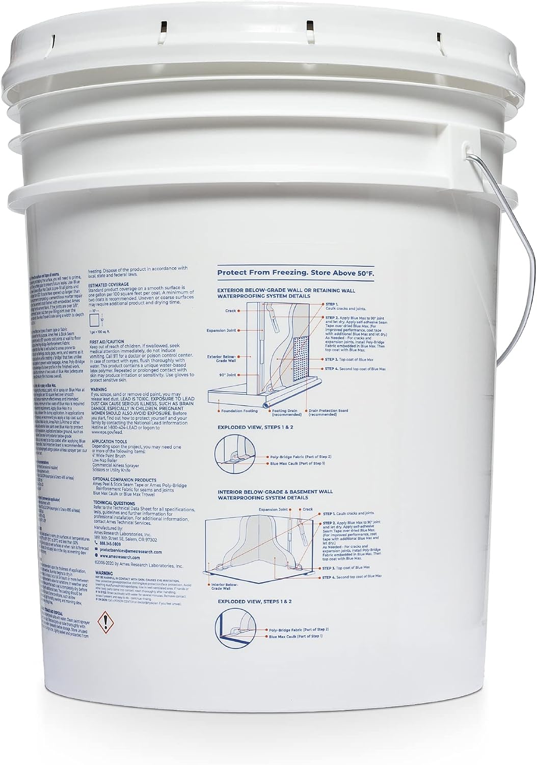 Ames Research Laboratories BMX5RG Blue MAX Waterproofer, Regular Use in Interior & Below-Grade Exterior Concrete Sealer and More. Liquid Rubber, 5 Gallon (Pack of 1), 640 Fl Oz | Ideal for waterproofing above & below grade foundations, basements, roofs,…