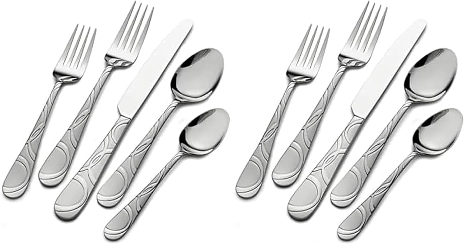 Pfaltzgraff Frost 53-Piece Flatware Set, 18/0 Stainless Steel Silverware Set for 8 with Steak Knives, Serving Pieces, Dishwasher Safe