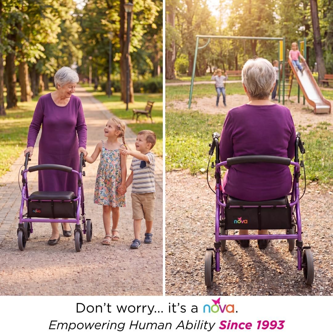 NOVA Zoom 22 Rollator Walker for Seniors, Rolling Walker with Locking Hand Brakes, Padded Seat & 8" Wheels, Lock N Load for Easy Transport & Storage, Adjustable Height 5'5"–6'1", Red