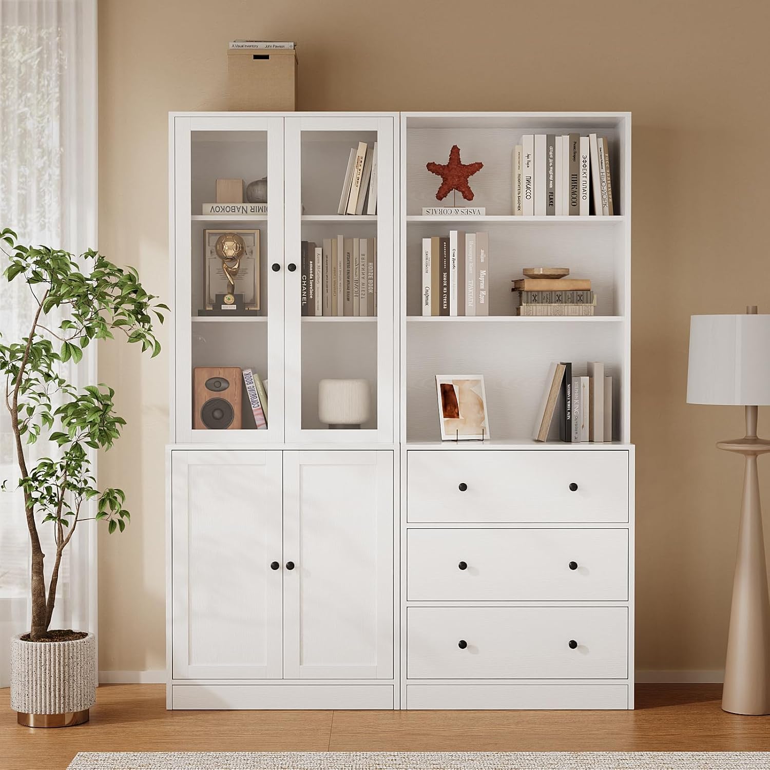 TUSY 71" H Bookcase with Storage | 6-Tier Modern Bookshelf with Drawers, Display Bookcase with Glass Doors, White Curio Cabinet for Home Office, Living Room