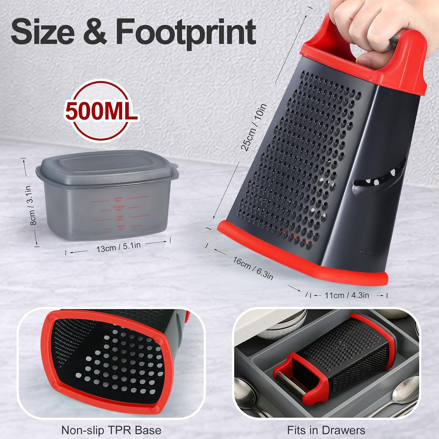 Ourokhome Cheese Grater with Handle, Stainless Steel Box Grater, 4 Side Kitchen Vegetable Shredder Slicer Zester with Container for Parmesan, Cabbage