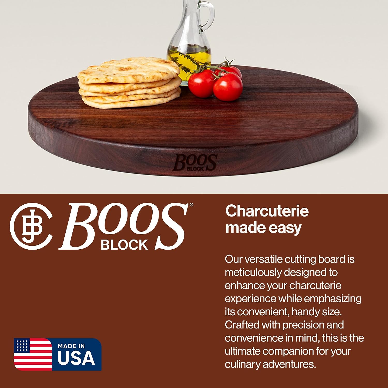 John Boos R-Board Series Round Wooden Maple Cutting Board 18”x18” – 1.5” Thick, 14-lb Reversible Butcher Block with Edge-Grain – Made in the USA