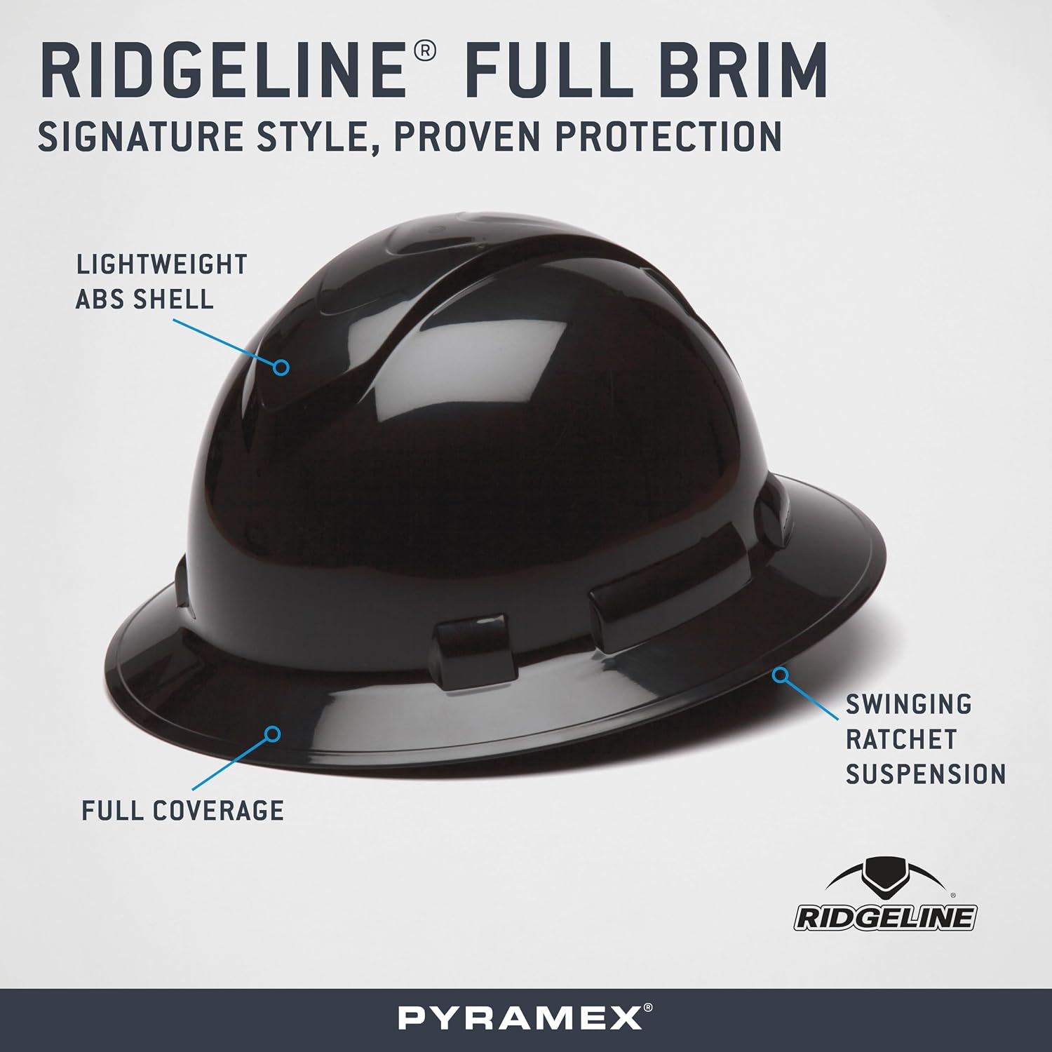 Pyramex Ridgeline Full Brim Hard Hat 4 Point Ratchet White | Full-brim sun & rain protection, HDPE shell, Ratchet suspension, Construction & utility, ANSI Z89.1 Type I Class C/G/E