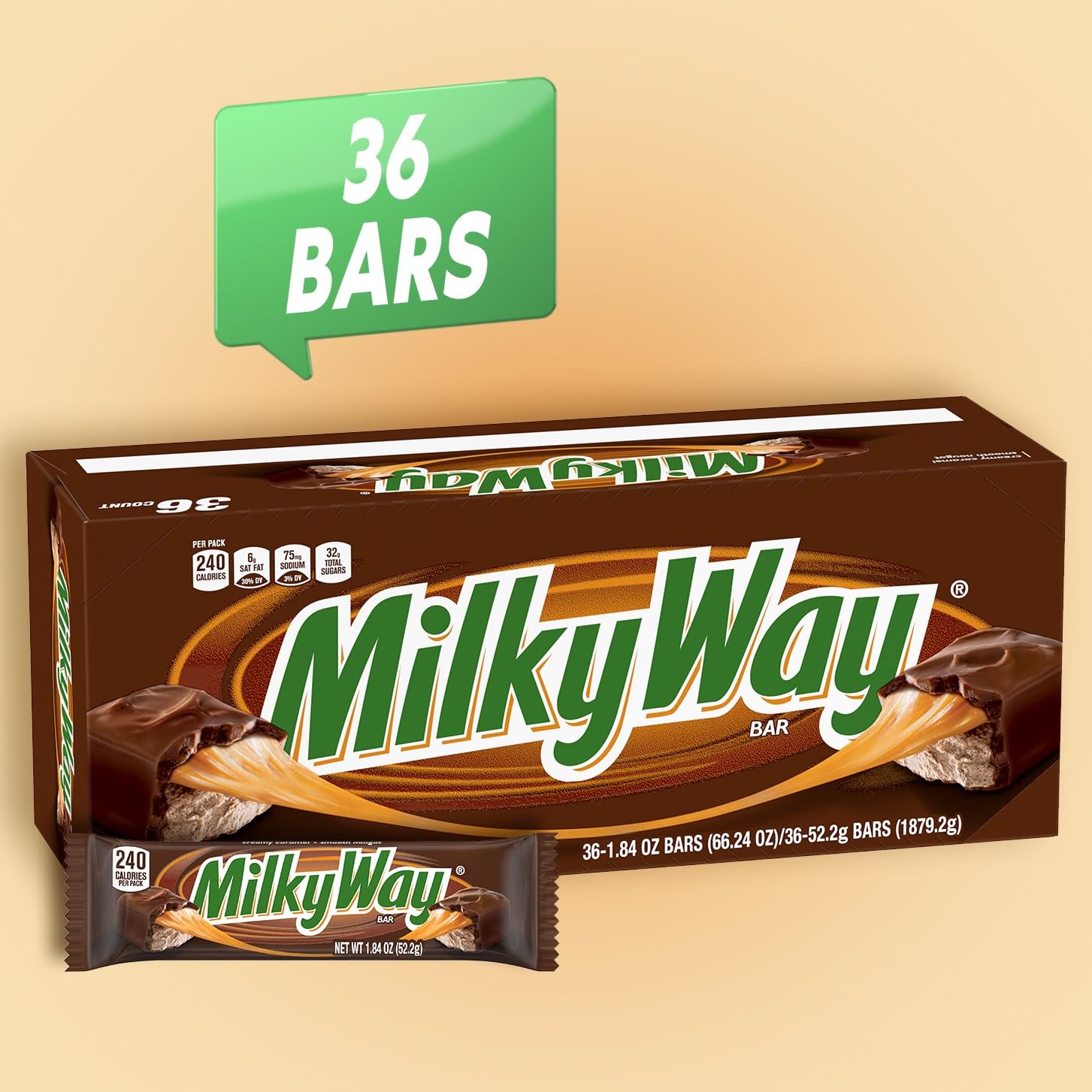 MILKY WAY Milk Chocolate Caramel Candy Bars, Full Size, Bulk Box, 36 ct | Caramel and nougat in milk chocolate bars, individually wrapped for sharing, party favors, movie nights, gift bag, baking