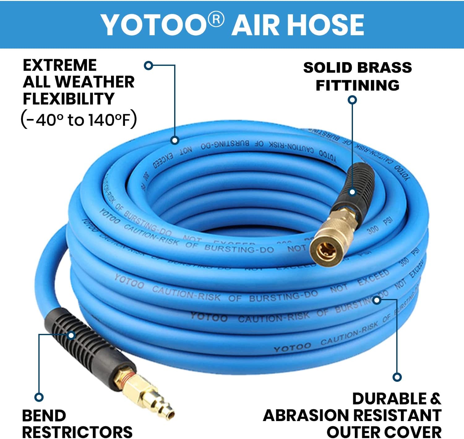 YOTOO Air Hose 3/8 in x 50 ft, Heavy Duty Hybrid Air Compressor Hose, Flexible, Lightweight, Kink Resistant with 1/4" Industrial Quick Coupler Fittings, Bend Restrictors, Blue