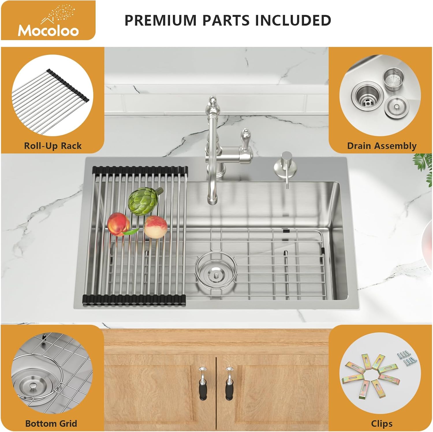 Mocoloo 13 Inch Drop in Bar Sink - 13" x 15" Small Kitchen Sink T304 Stainless Steel Handmade Single Bowl Round Corner Topmount Wet Bar Sink for