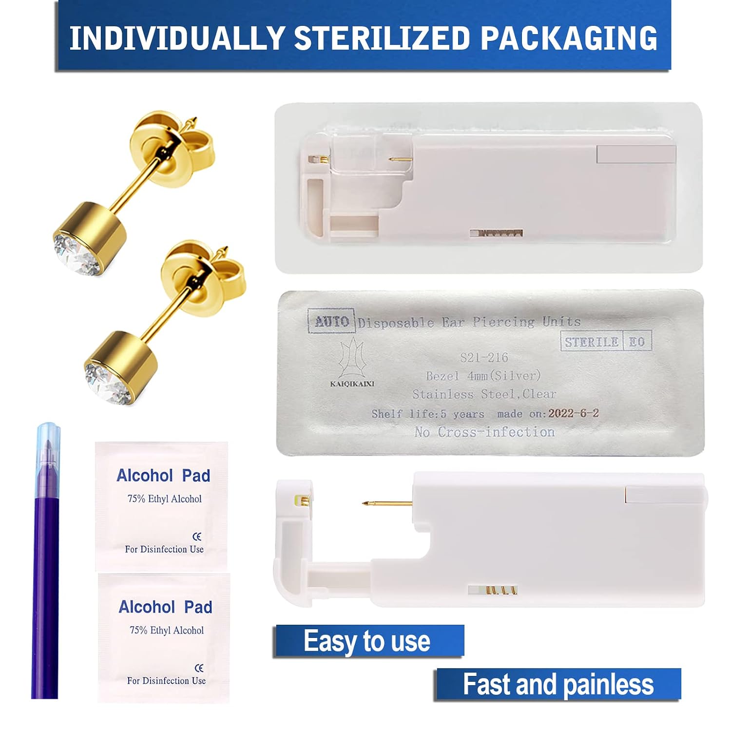 2Pcs Ear Piercing Kit Automatic and Painless Ear Nail Gun Disposable Aseptic Household Ear Piercing Gun Portable Ear Piercing Gun Group Ear Piercing Tools With Built-in 4mm Hypoallergenic Ear Studs
