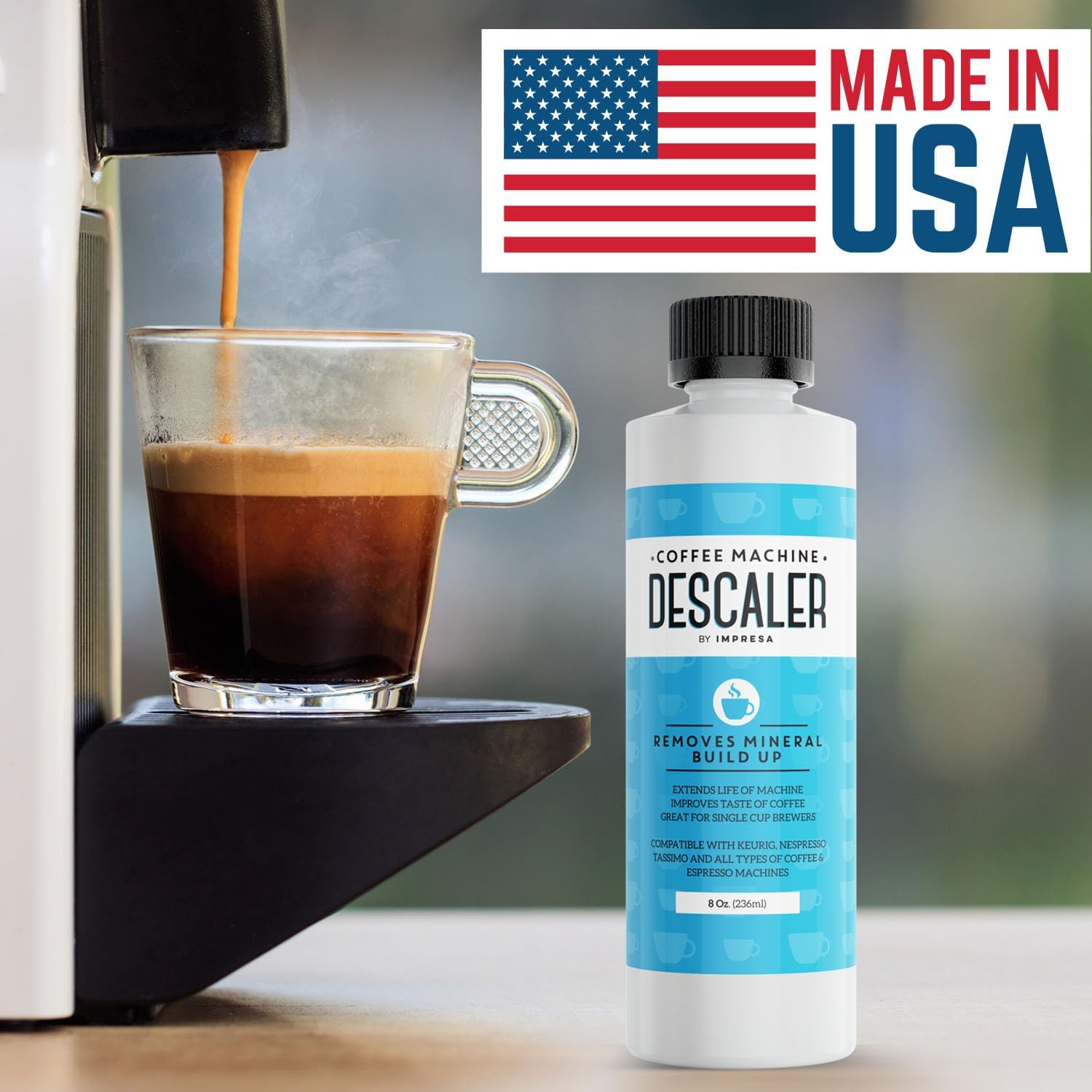 IMPRESA Coffee Machine Descaler (2 Uses Per Bottle) - Made in the USA - Universal Descaling Solution, Compatible with Nespresso, Delonghi and All Single Use Coffee and Espresso Machines