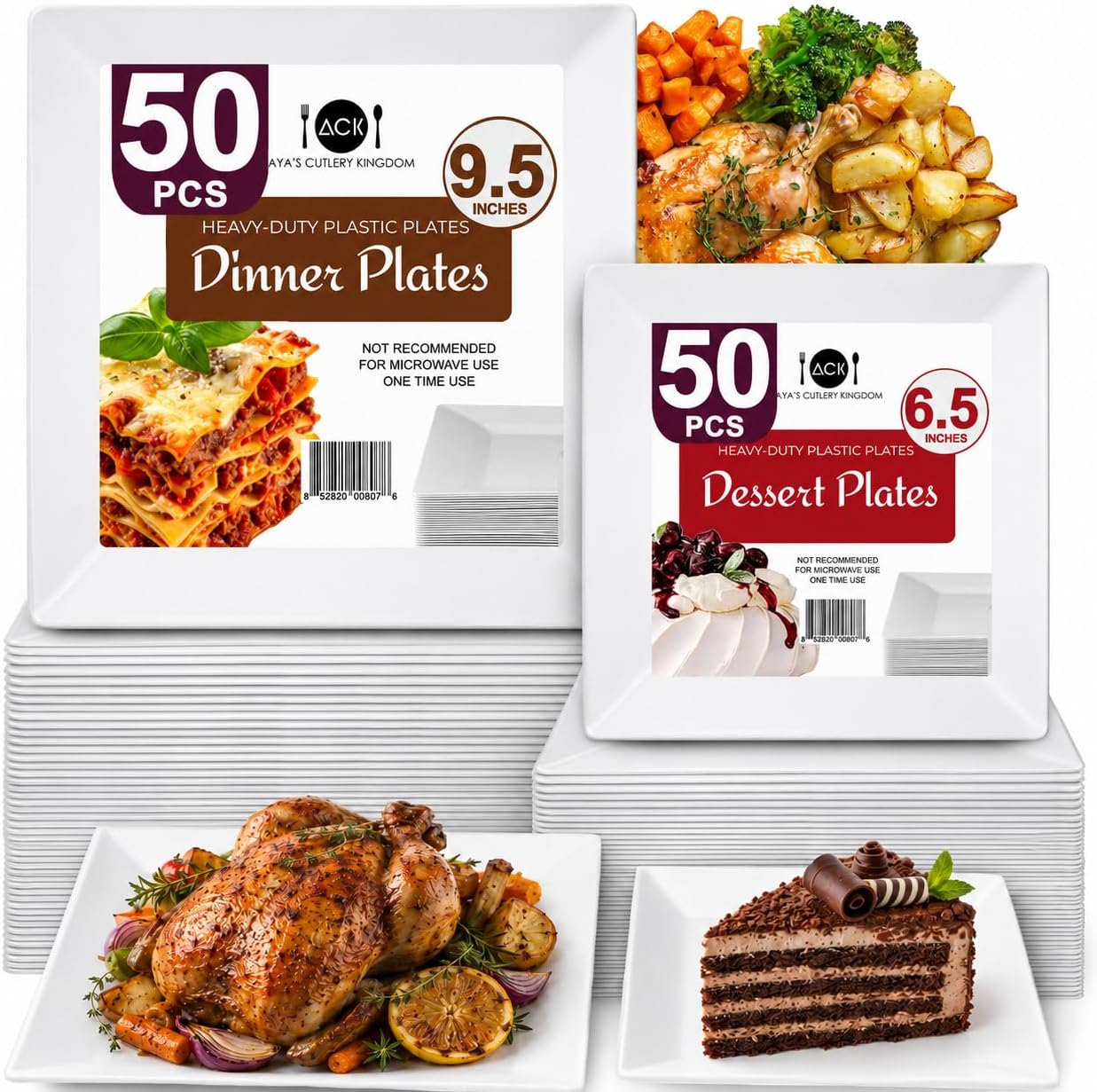 Aya's 60ct Square Plastic Disposable Plates, White - 9.5-Inch 30 Dinner and 6.5-Inch 30 Salad Plates for Party - Heavy-Duty Hard Plastic Design for Wedding, Event, Christmas, and Thanksgiving