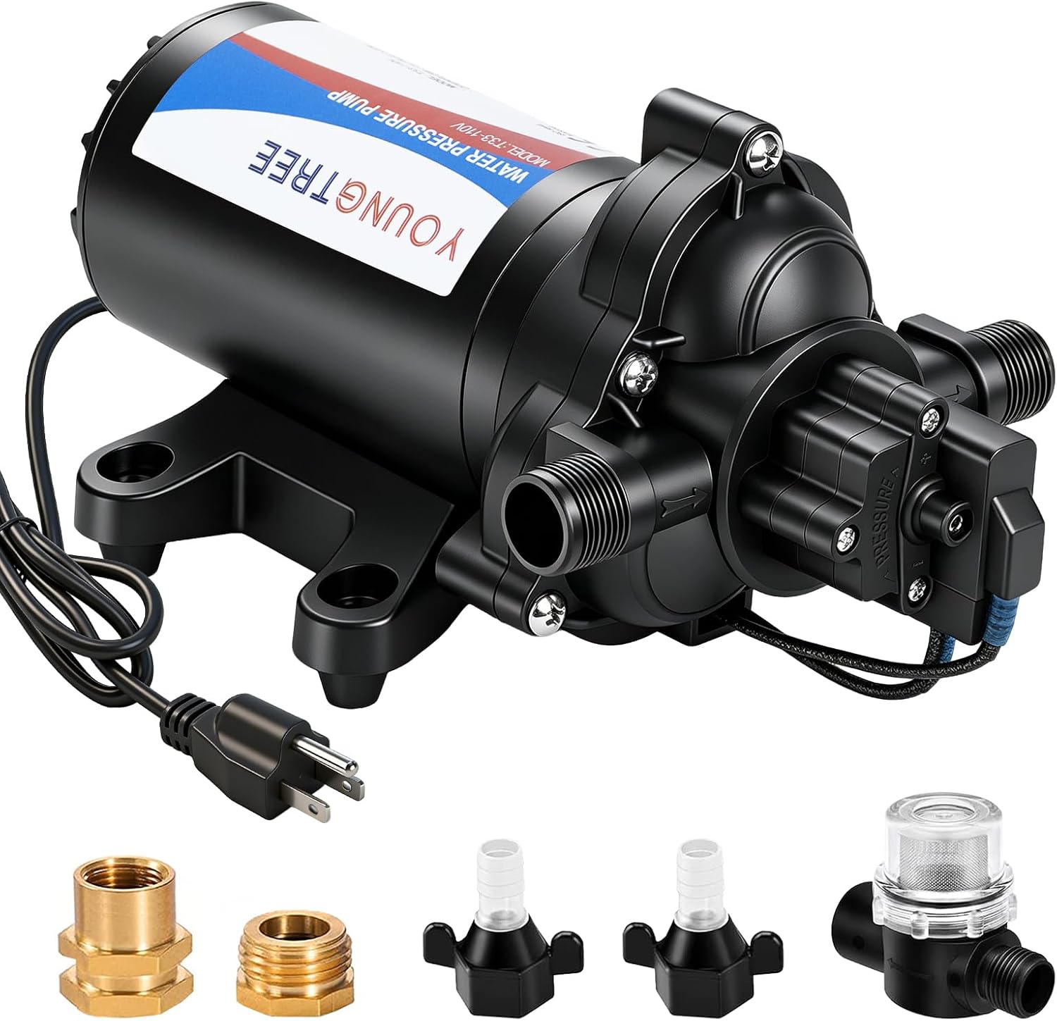 YOUNGTREE RV Water Pressure Diaphragm Pump 110V 4.0GPM 50PSI On Demand Fresh Water Transfer Pump 110Volt AC with Garden Hose Adapters for Irrigation Home Pool Draining Sprinkler