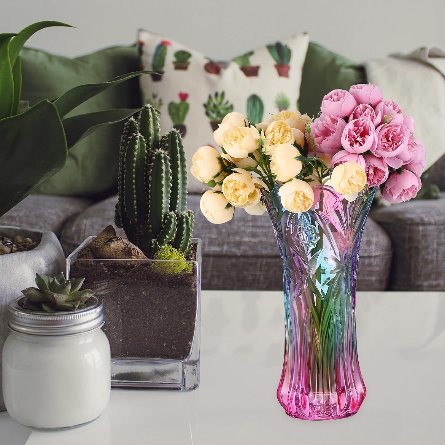 Rainbow Glass Vase Wide Mouth Glass Colorful Vase for Bookshelf Dinner Table Indoor Office Desktop Meeting Room Bathroom Countertop Iridescent