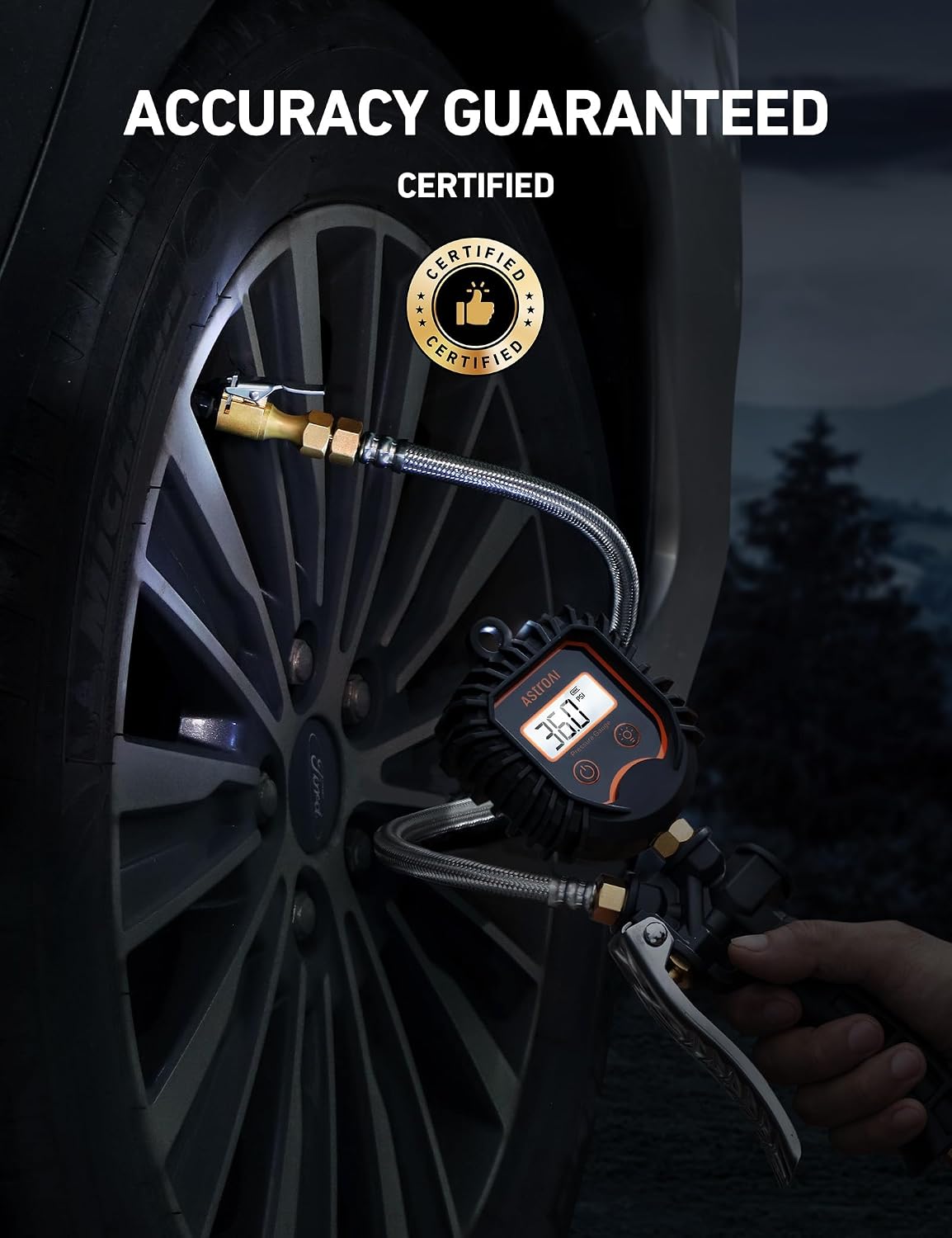 AstroAI Digital Tire Pressure Gauge, Heavy Duty Tire Inflator Gauge 250PSI Air Chuck Compressor Accessories with Stainless Braided Hose