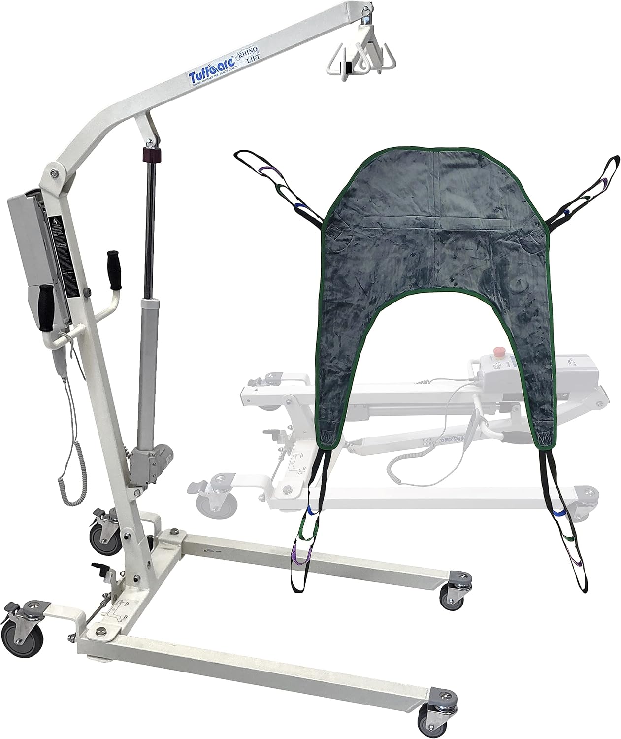 Electric Patient Lift - Rhino Lift with Manual Low Base - with Universal Divided Leg Sling(Large), 450 lb. Weight Capacity.