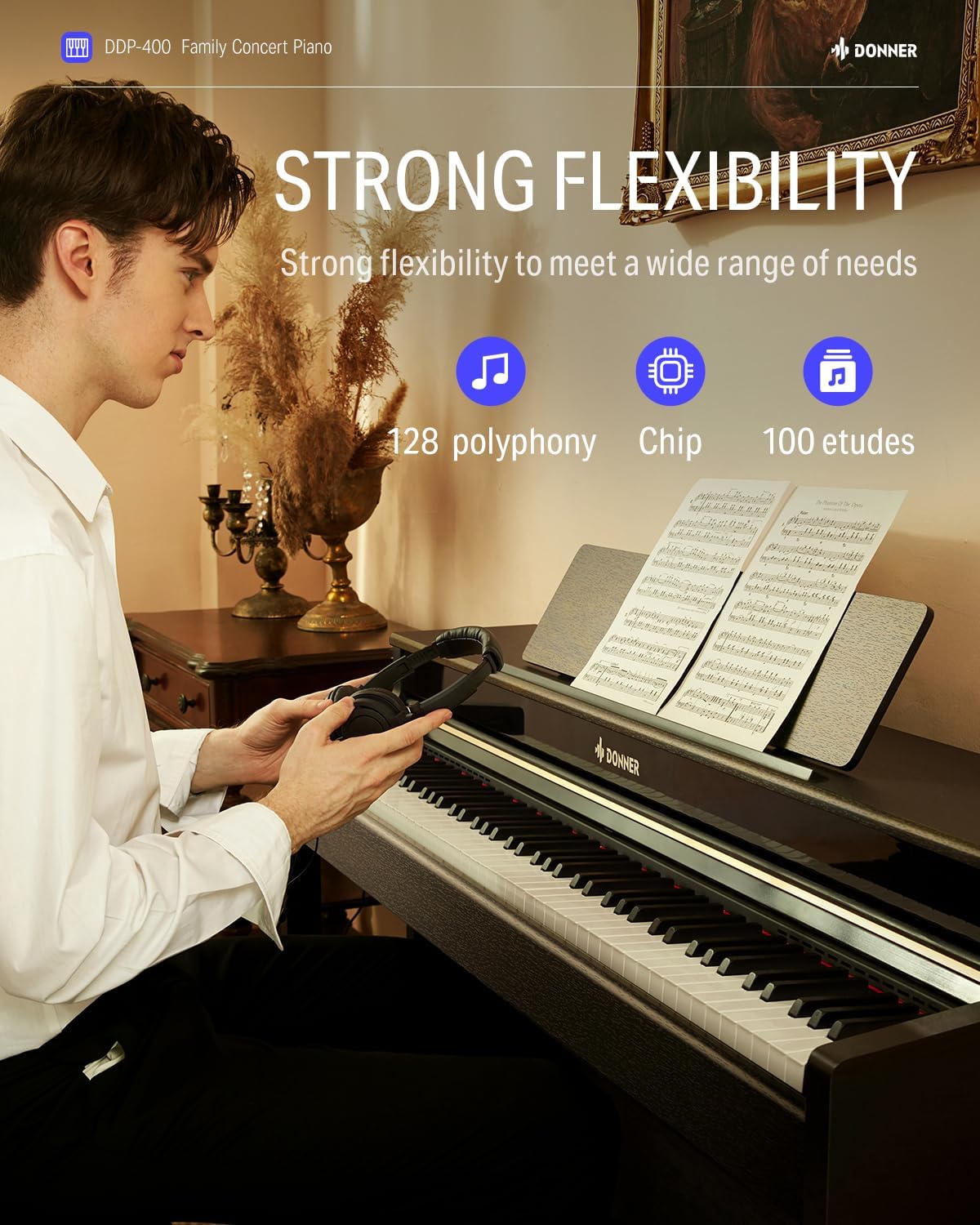 Donner DDP-300 Digital Piano with 88 Graded Hammer Action Weighted Keys, Record, Bluetooth, 10 Voices, 4 Reverb, Speakers