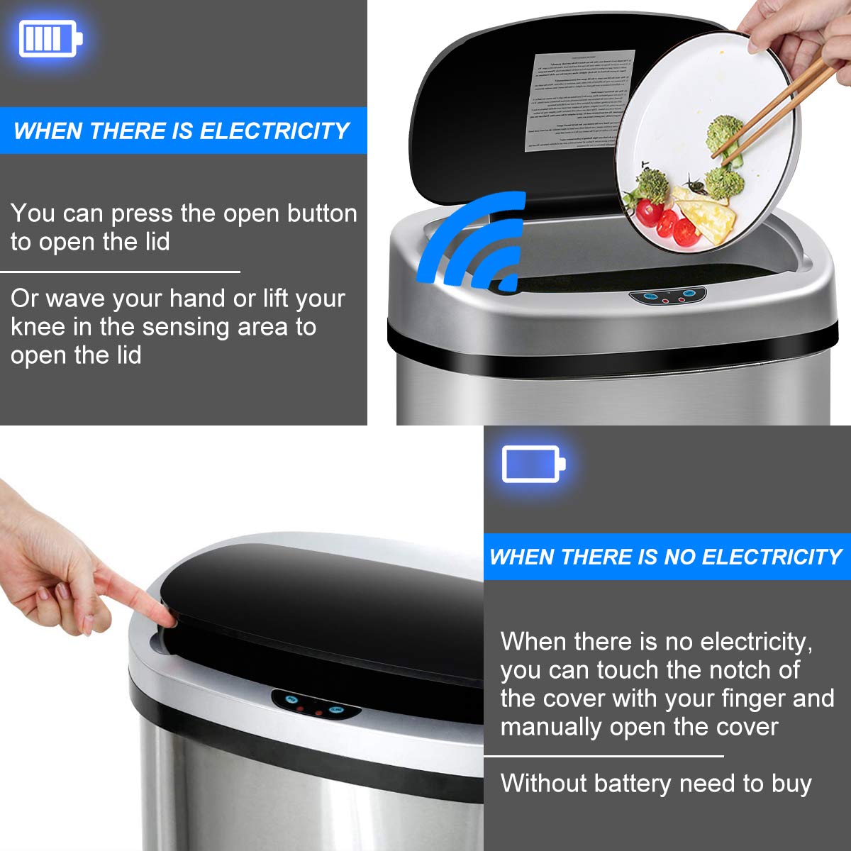 Dkeli 13 Gallon Automatic Motion Sensor Trash Can, Stainless Steel Touchless Kitchen Trash Can with Lid, 50L High-Capacity Office Bathroom Bedroom Garbage Bin