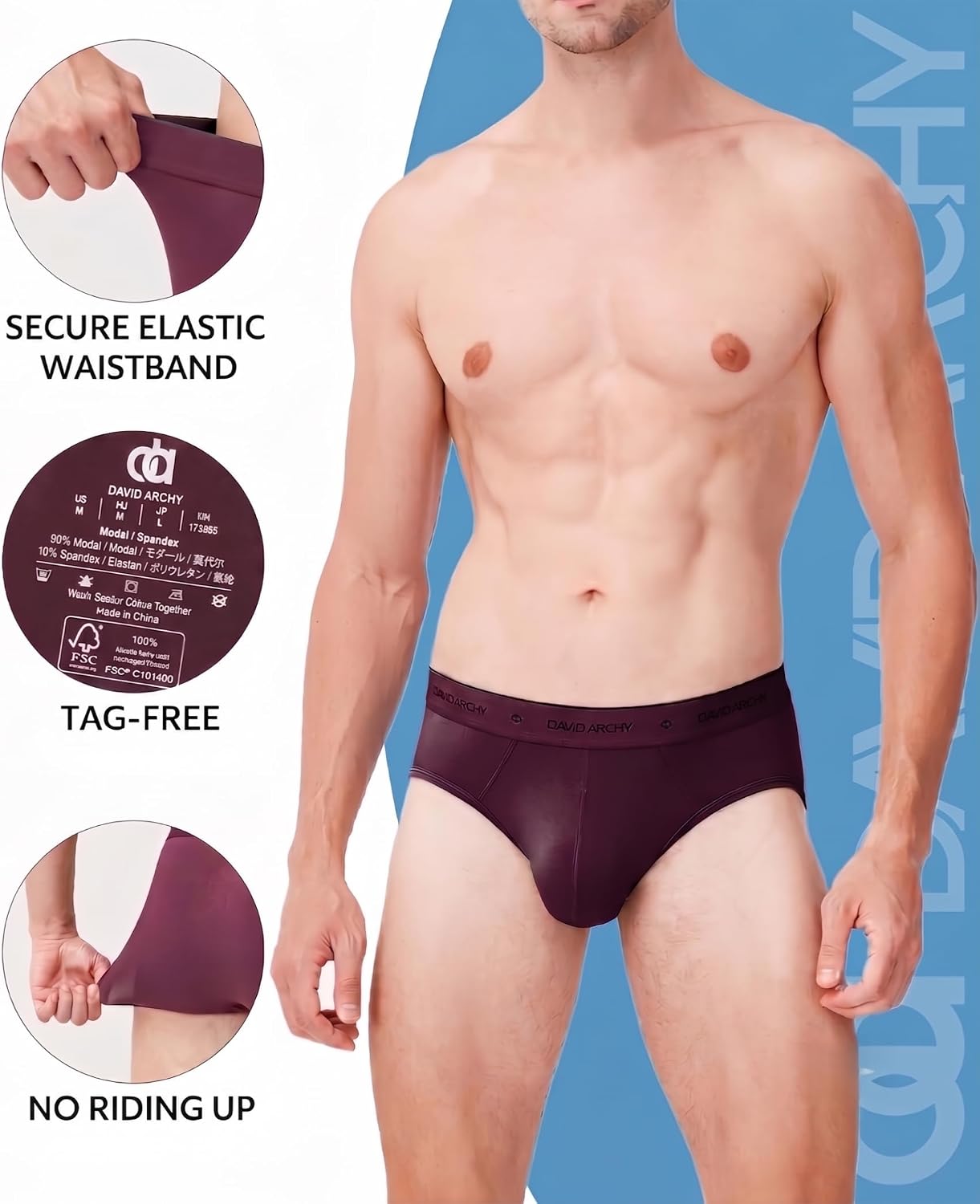 DAVID ARCHY Men's Soft Modal Dual Pouch Support Briefs 4 or 7 Pack | Breathable moisture-wicking fabric offers flexible elastic waistbands, chafe-free design for daily active movement.