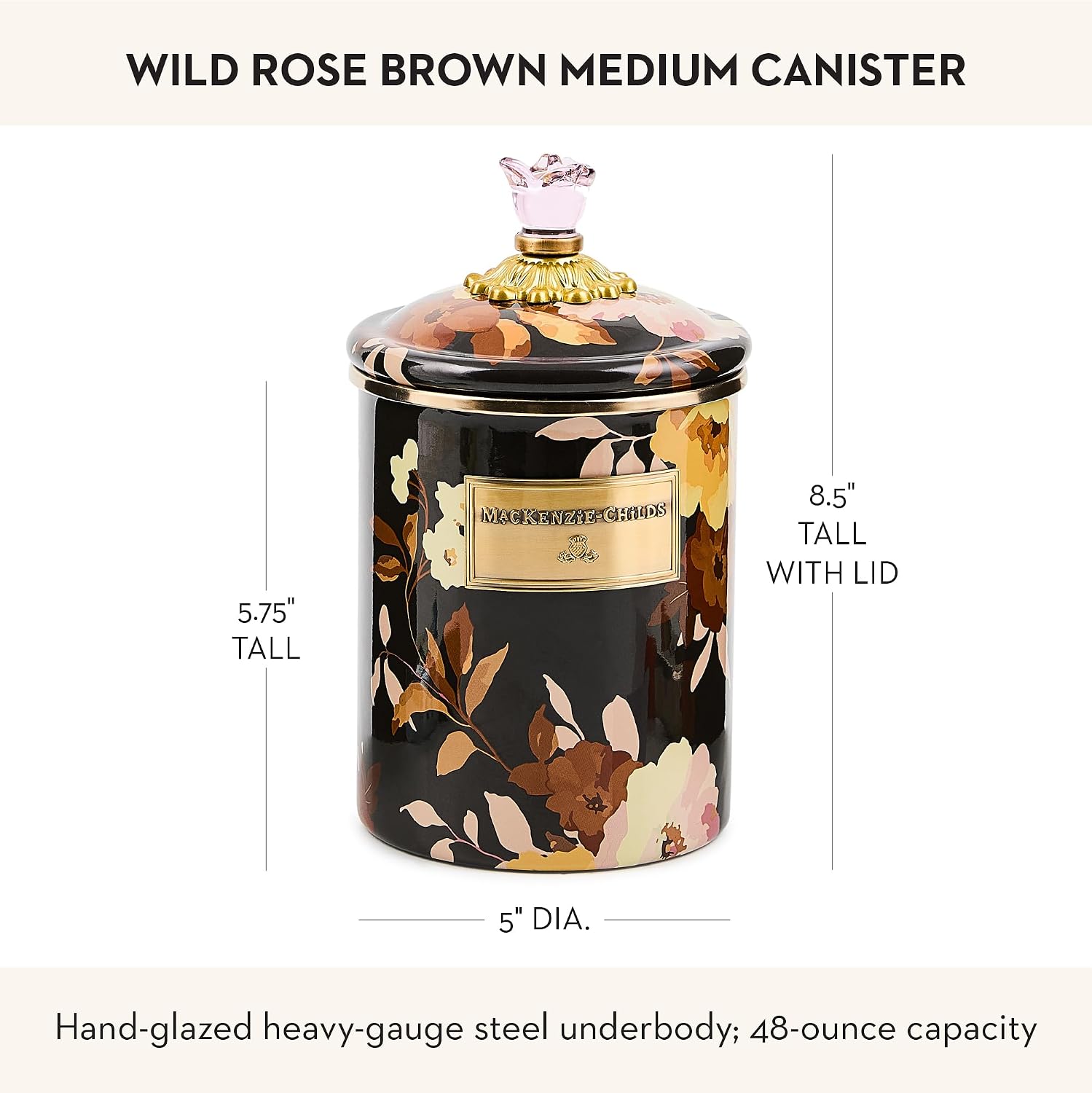 MACKENZIE-CHILDS Enamel Canister, Medium, White Butterfly Garden | Hand-applied design, made from enameled steel, versatile kitchen storage container for flour and sugar, 48-ounce capacity