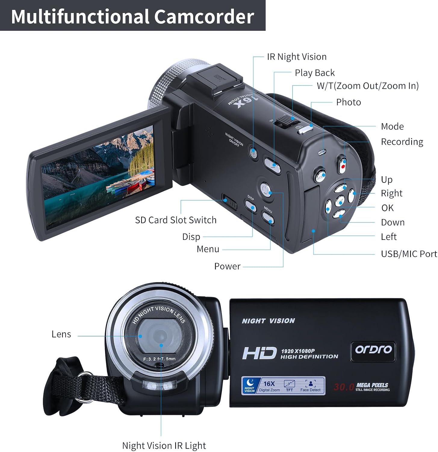 ORDRO V12 1080P Camcorder Night Vision with 16G Card 2 Batteries