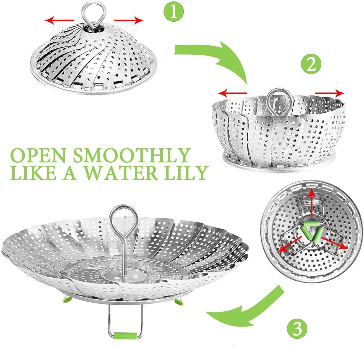 Steamer Basket Stainless Steel Vegetable Basket Metal Handle Folding Silicone Feet Steamer Insert for Cooking Veggies Fish Seafood Include Safety Tool