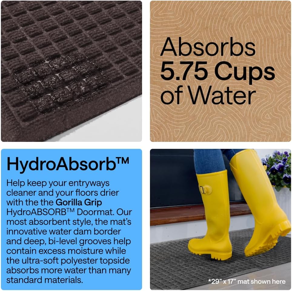 GORILLA GRIP® HydroABSORB Door Mat for Indoor Outdoor Use, 29x17 Black