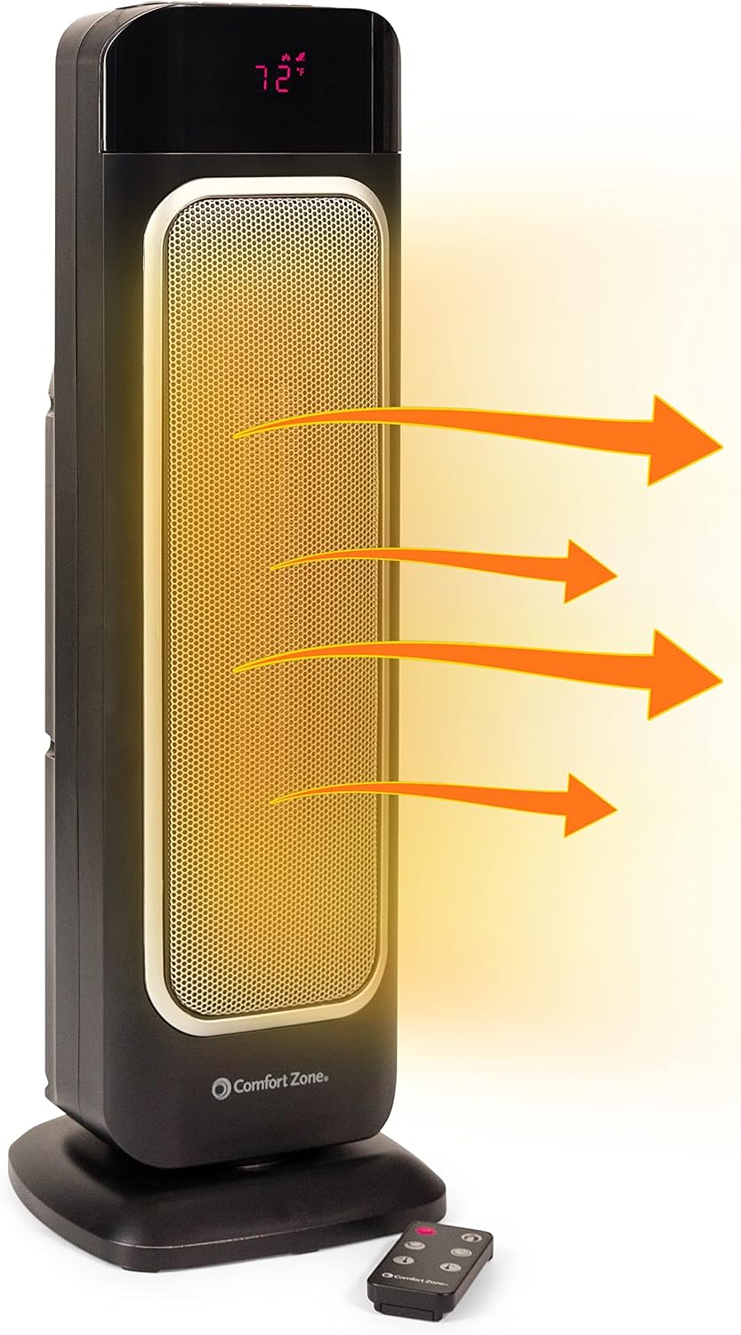 Comfort Zone Electric 24" Oscillating Digital Tower Space Heater with Full Function Remote, Adjustable Thermostat, and Overheat Protection