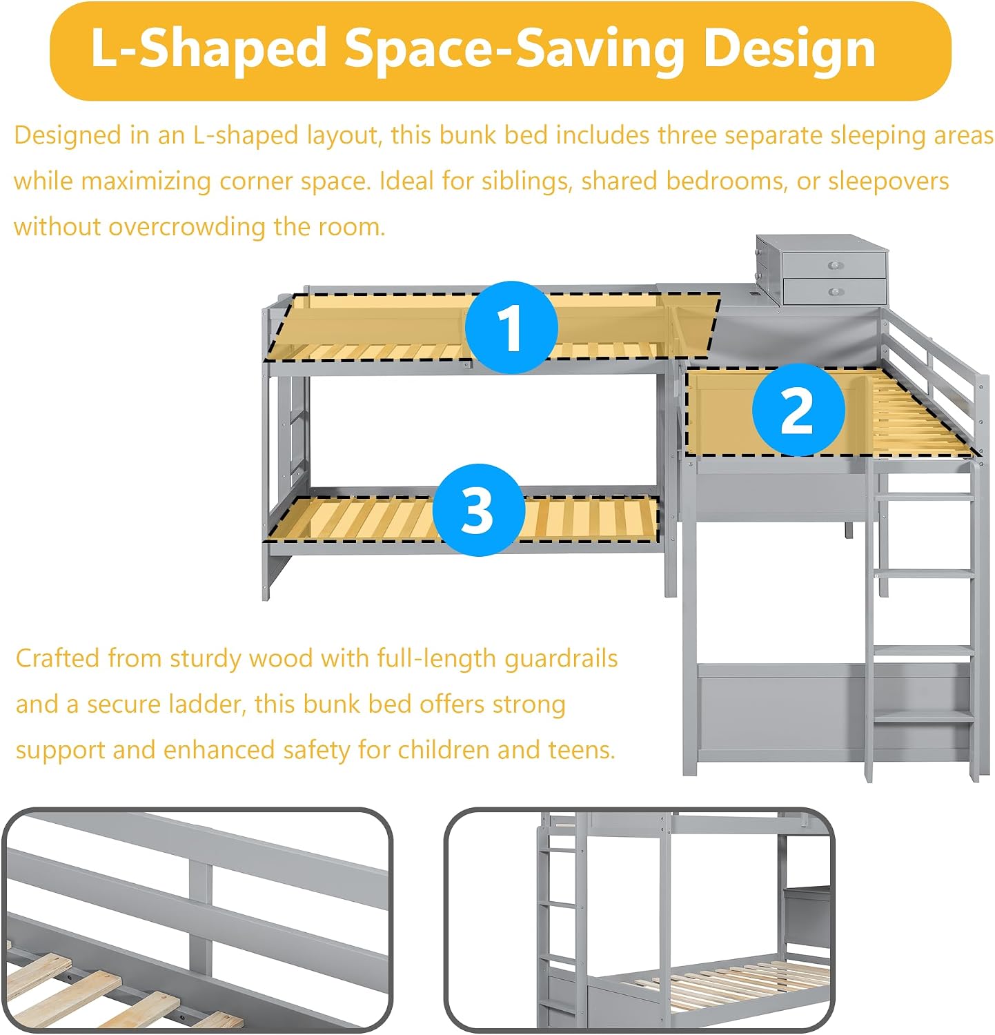 Harper & Bright Designs Twin L-Shaped Bunk Bed with Trundle, Can be Divided into Two L-Shaped Beds, No Spring Box Needed (Grey)