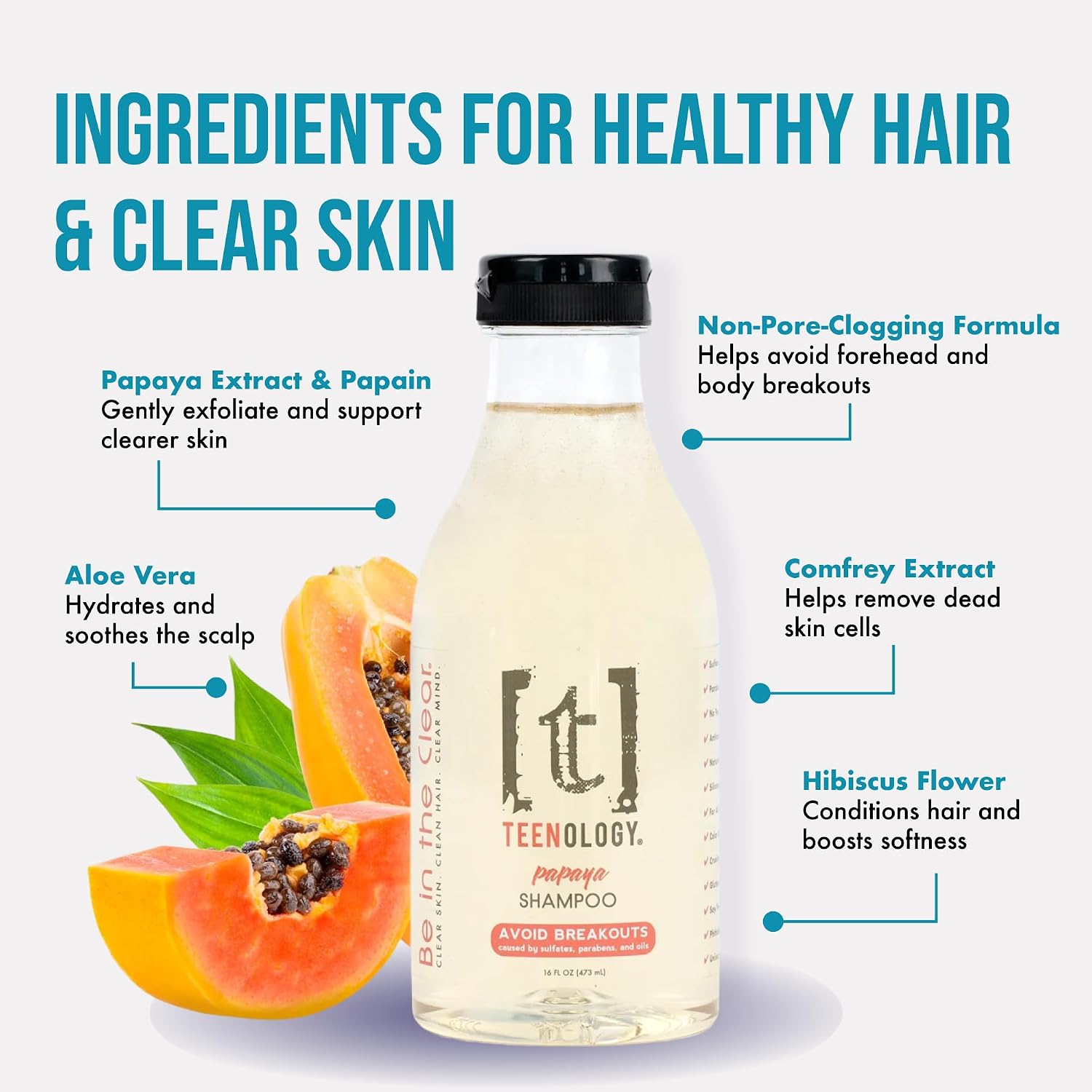 Teenology Teen Shampoo – Avoid Acne Breakouts, Sulfate & Paraben Free | Blueberry Pomegranate Cucumber – Free of pore-clogging oils – non-comedogenic formula with botanicals for acne-prone skin