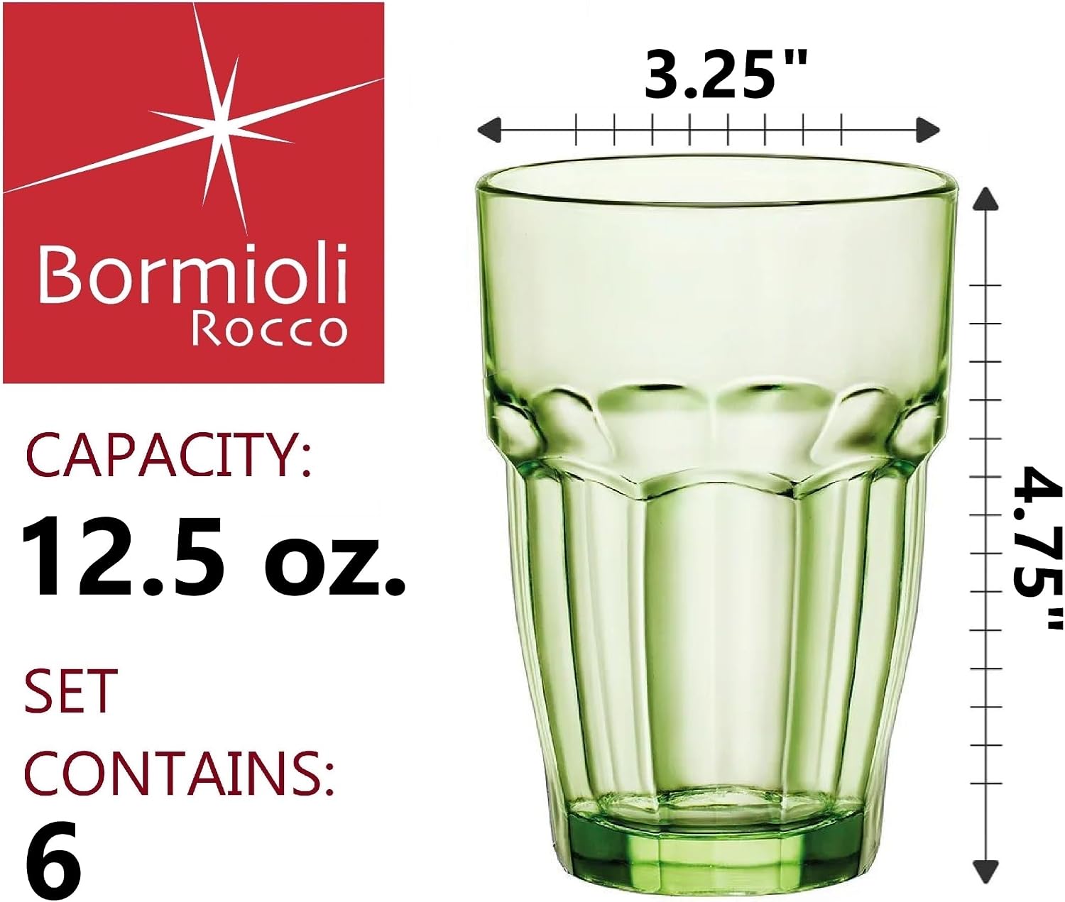 Bormioli Rocco Rock Bar 12.5 oz. Long Drink Stackable Tempered Beverage Glasses for Cold Drinks, Water, and Cocktails, Set of 6, Ice Blue