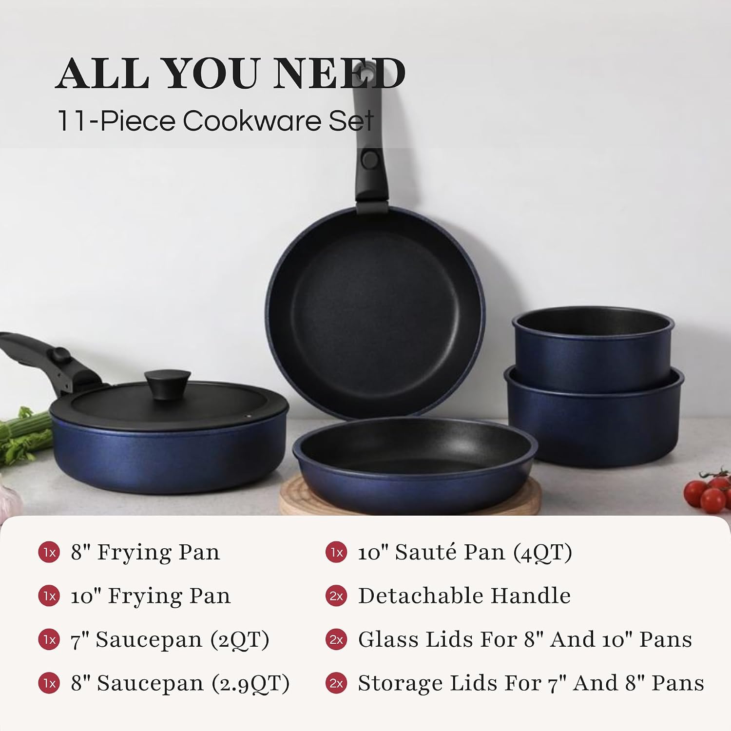 GOURMETIFIC® Pots and Pans Cookware Set [11 PCS] - Non Toxic Ceramic Coated Cooking Ware - Induction, Gas & Oven Kitchenware - Non Stick Pot & Pan Removable Handles & Stackable - ME (Emerald Green)
