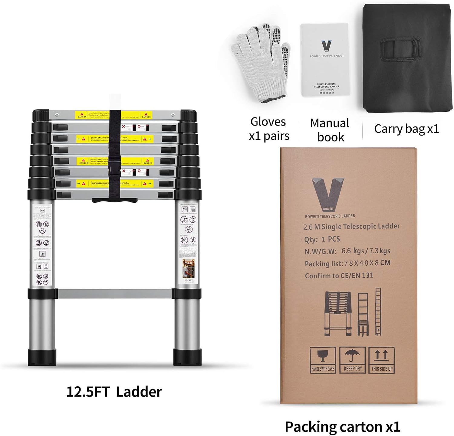 Telescoping Extension Ladder 12.5FT, Aluminum Telescopic Ladders with Carry Bag for Outdoor Indoor Use