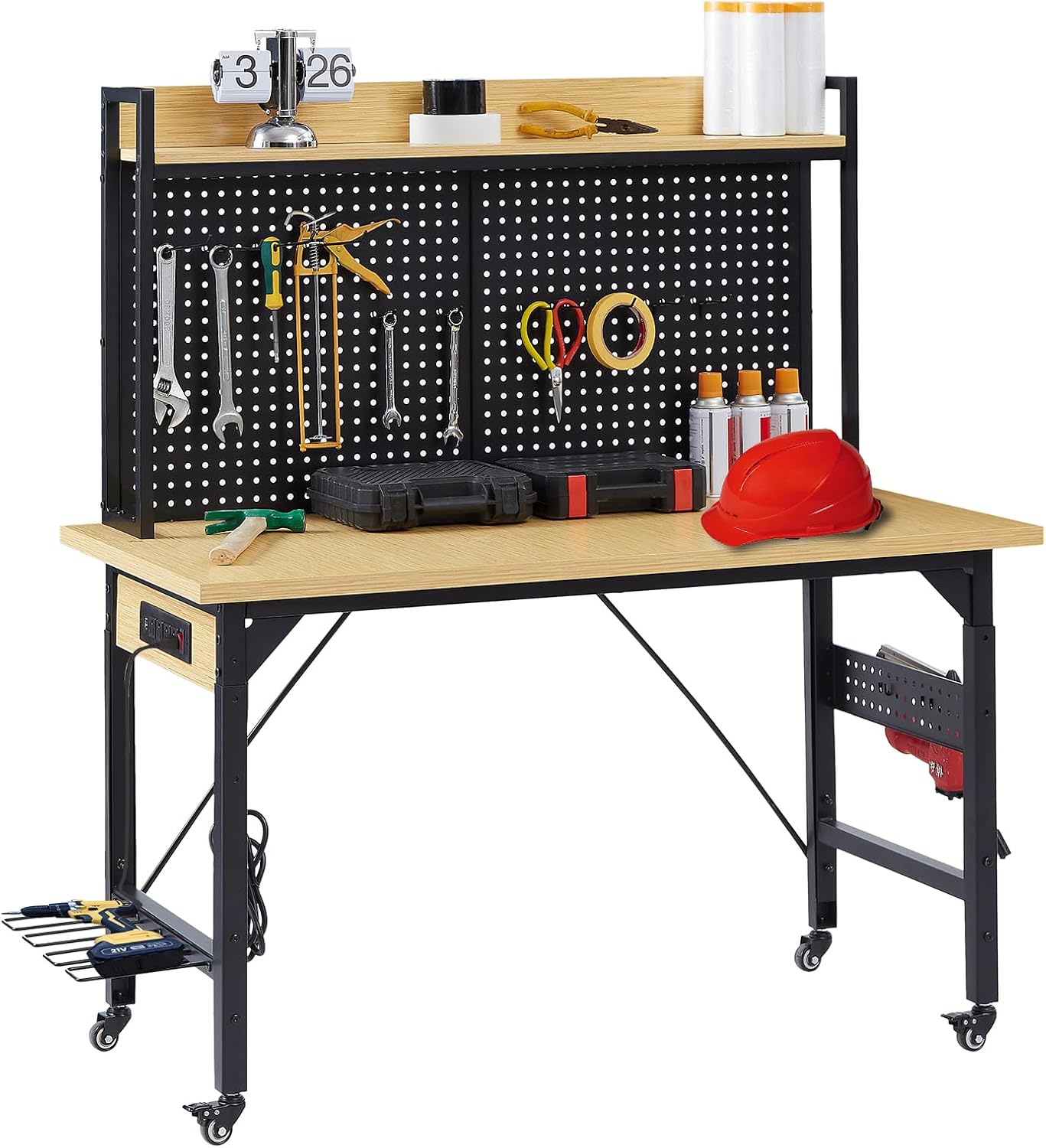 Zevemomo 48" Adjustable Height Workbench with Pegboard, Work Benches for Garage, Heavy Duty Wood Top Work Bench with Wheels, 2000 LBS Load Capacity