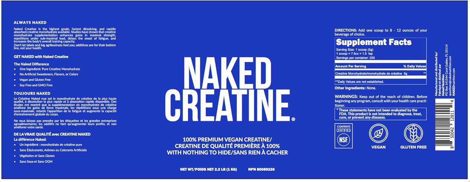 NAKED Pure Micronized Creatine Monohydrate – 200 Servings, 1,000g Bulk – NSF Certified, Vegan, Non-GMO, Gluten & Soy Free - Muscle Building, Strength Training, Gym & Fitness Supplement