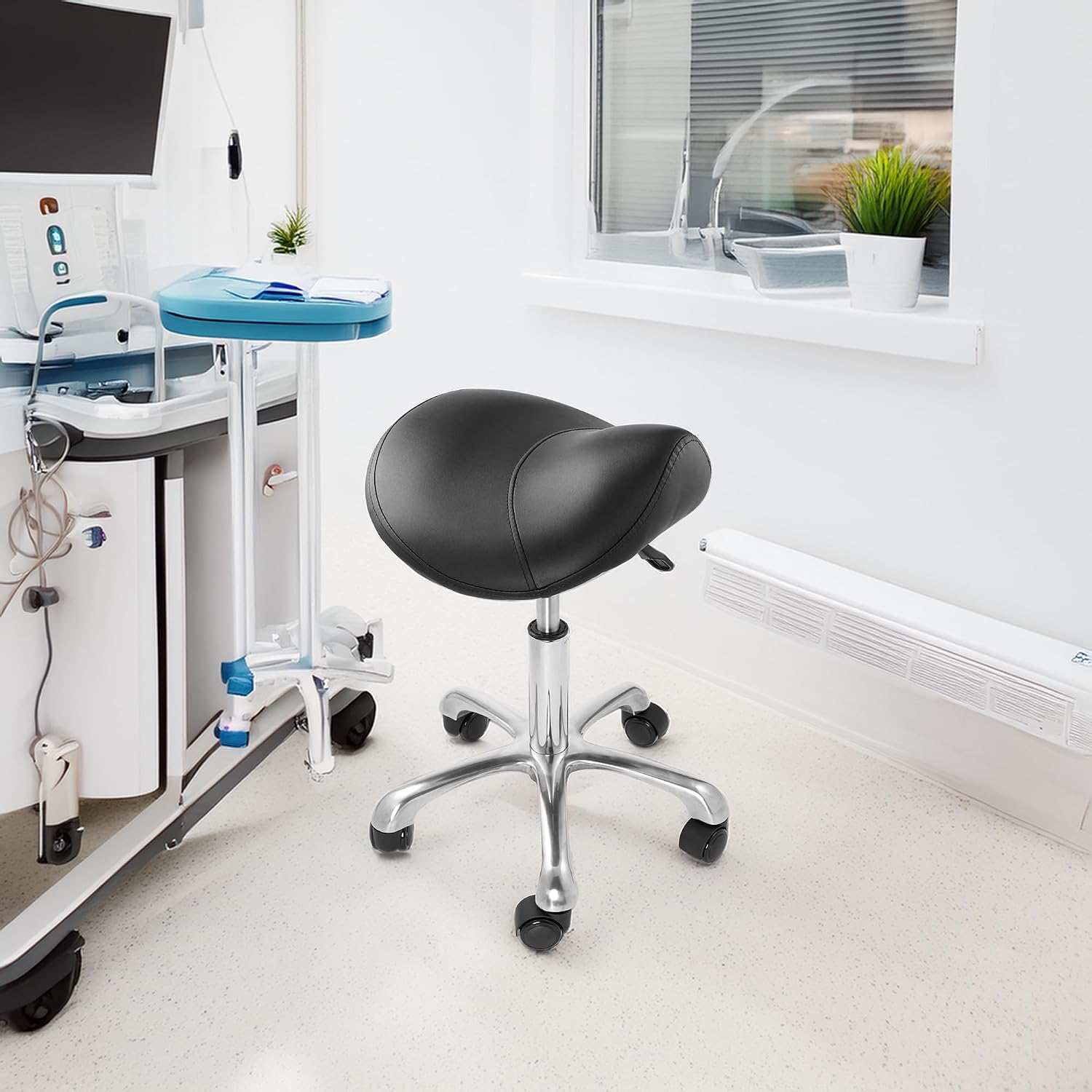 Saloniture Professional Ergonomic Saddle Stool, Black - Adjustable Hydraulic Seat, Rolling Spa Salon, Massage