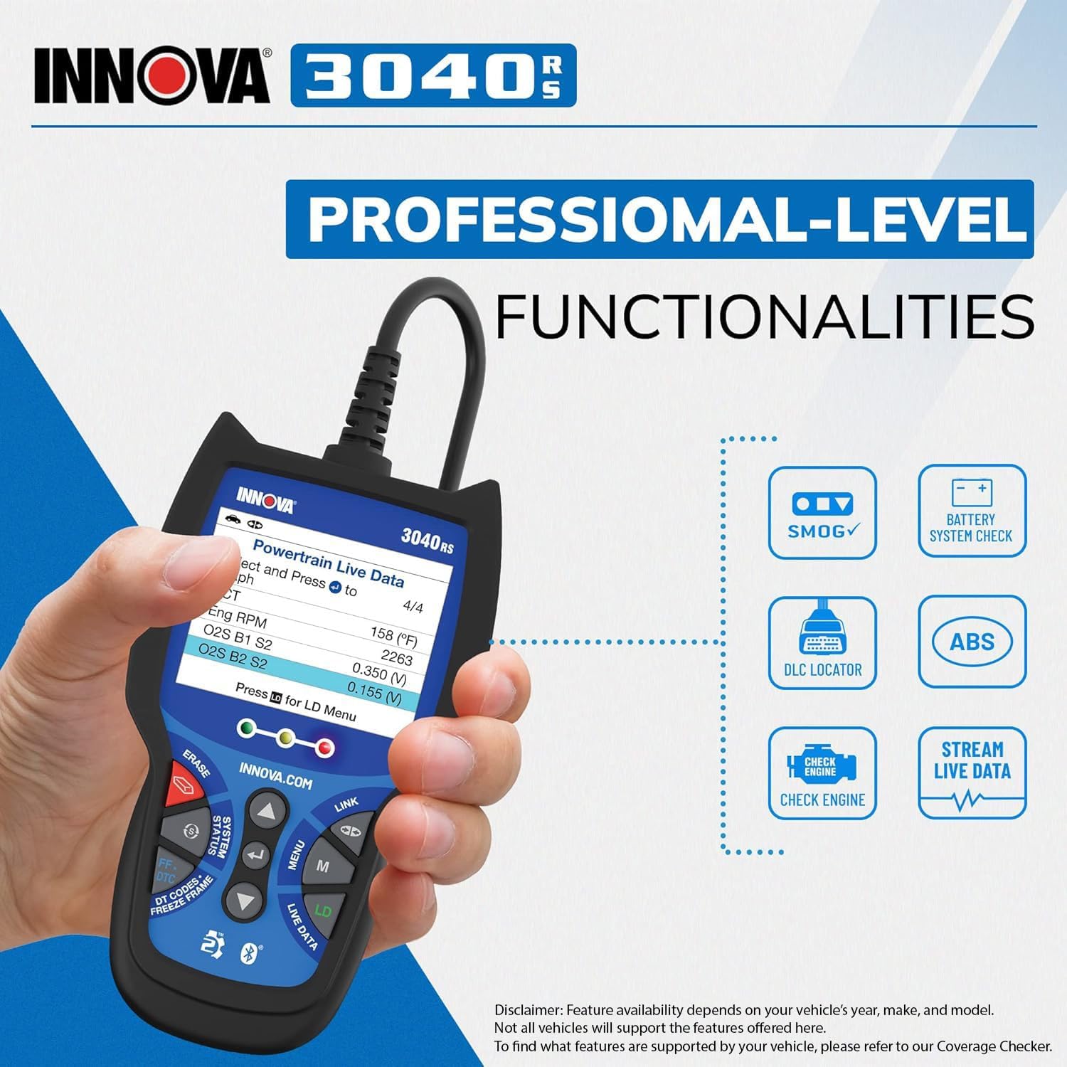 INNOVA 3040RS, OBD2 Scanner, Live Data Streamer, Battery/Alt Tester, Reset Check Engine Light/Brake Light/Oil Light