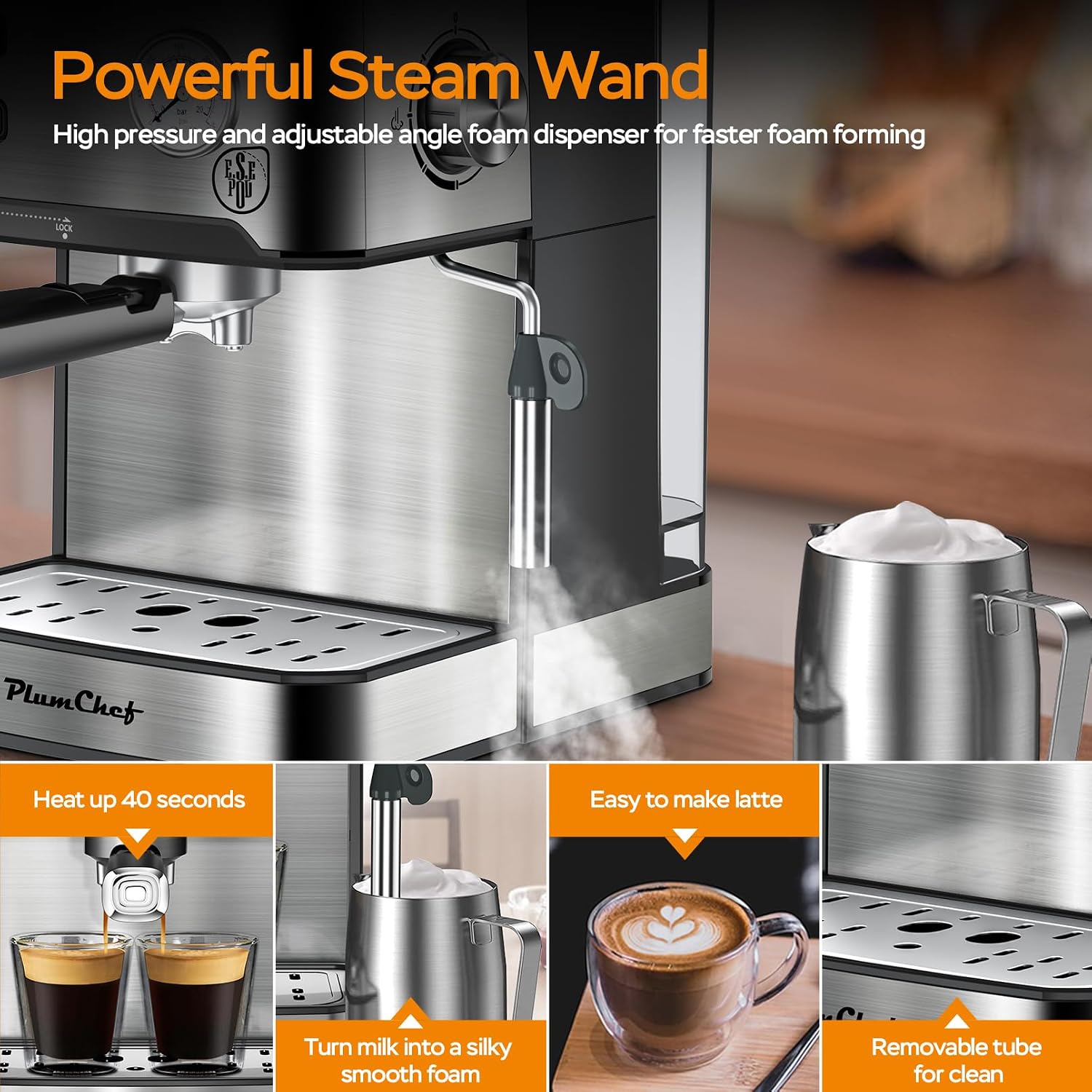 Plum chef Espresso Machine 20 Bar, Household Coffee Maker with Milk Frother Steam Wand, Pressure Gauge, 54oz Large Water Tank, Low Noise Fast Brew for Cappuccino Latte Macchiato Home Office