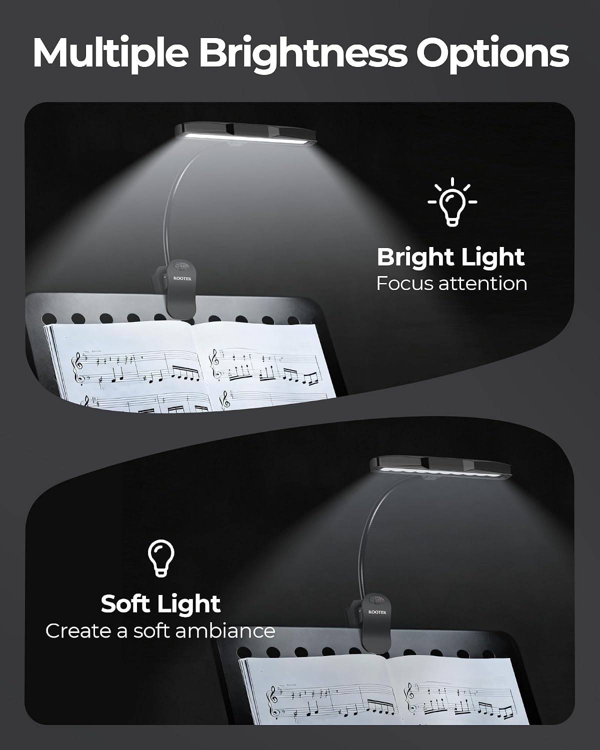 Kootek Music Stand Light Clip-on Piano Lamp Rechargeable Book Light, 10 LED | Adjustable Brightness, 360° Flexible Neck, Clip-on&freestanding