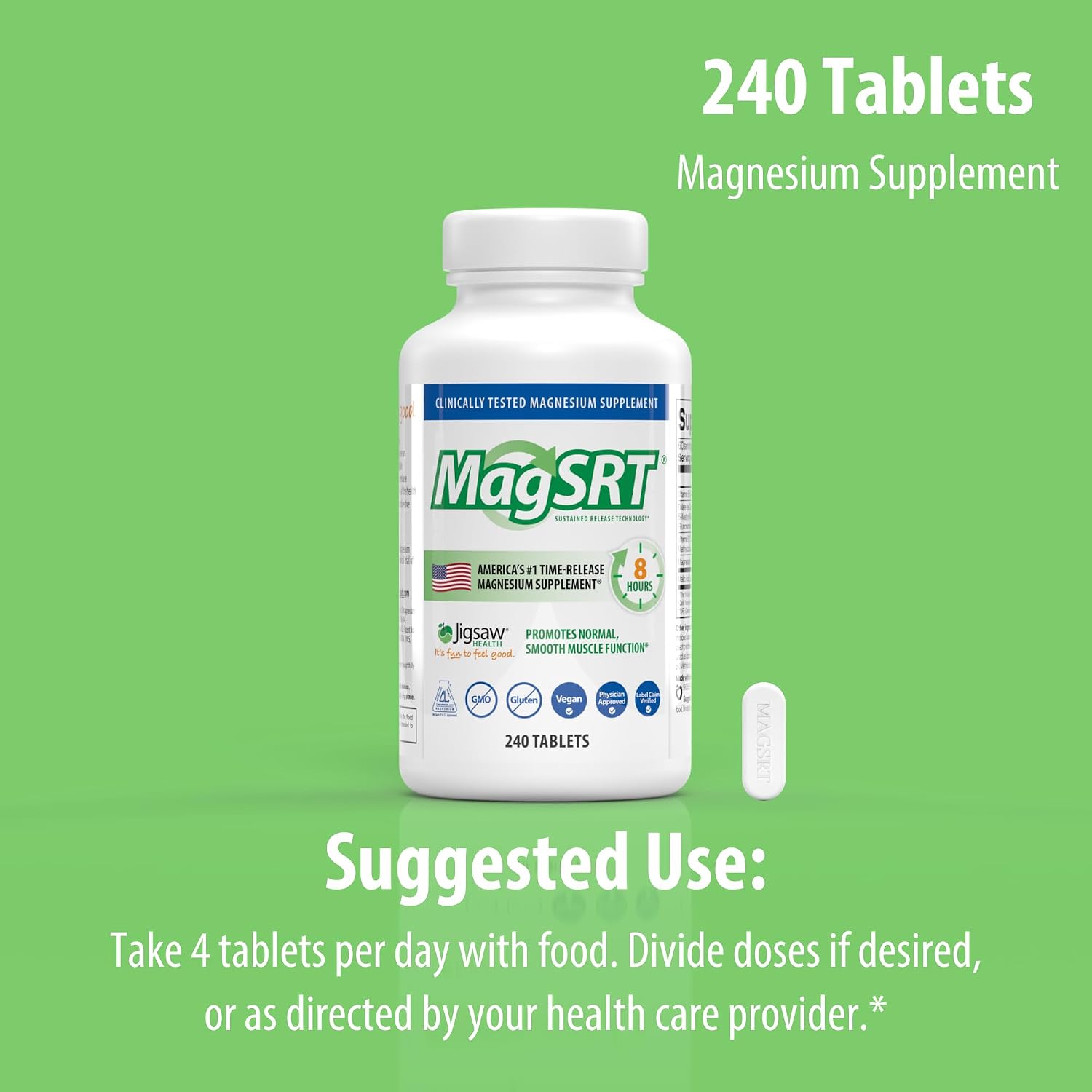 Jigsaw Health MagSRT | Magnesium Supplement with Vitamin B6, Folate & B12 | 240 Tablets | 60 Servings