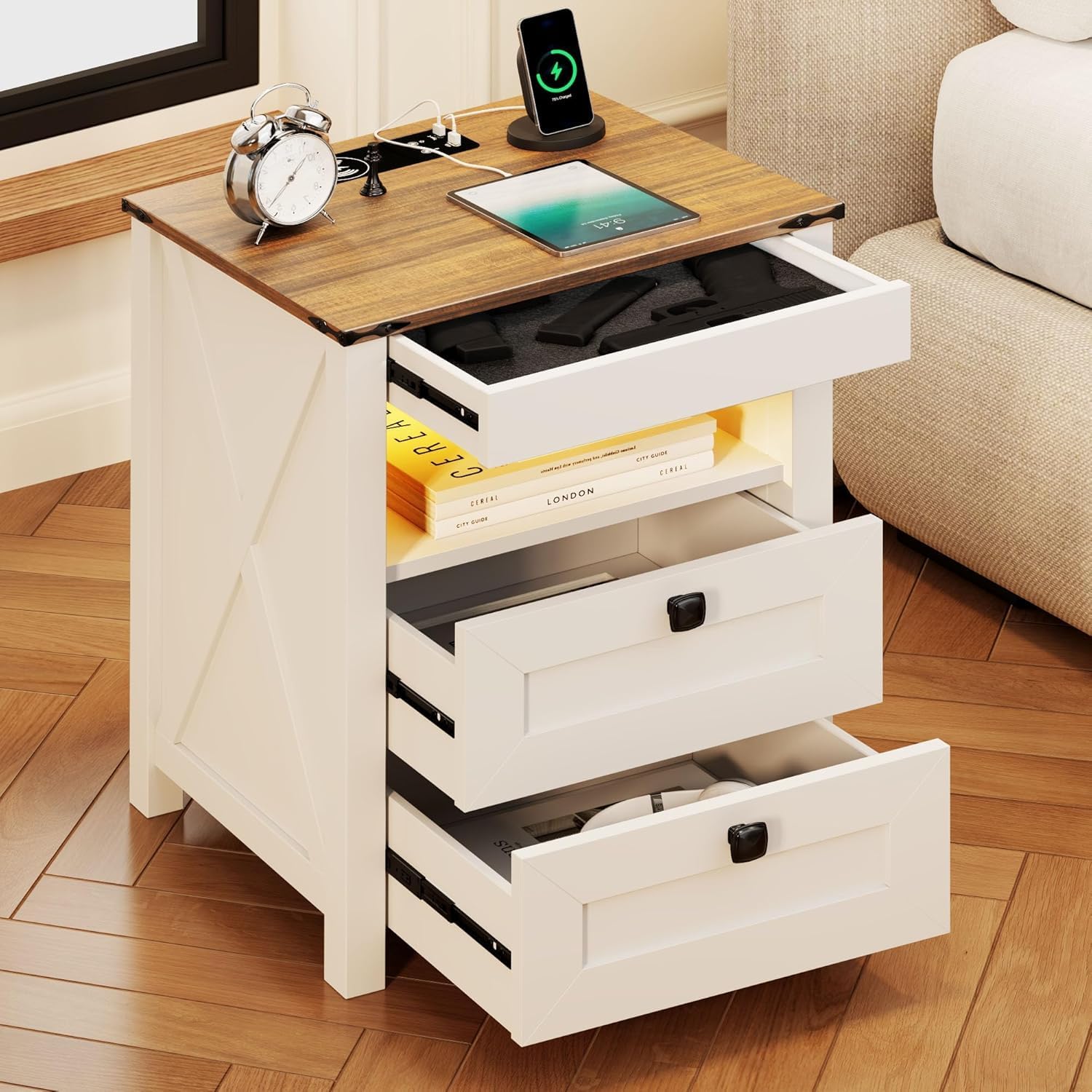 TAGELIER LED Nightstand Set of 2 with Charging Station, Brown | Invisible Lock Hidden Drawer, Smart Human Sensor Light, Farmhouse Bedside Table