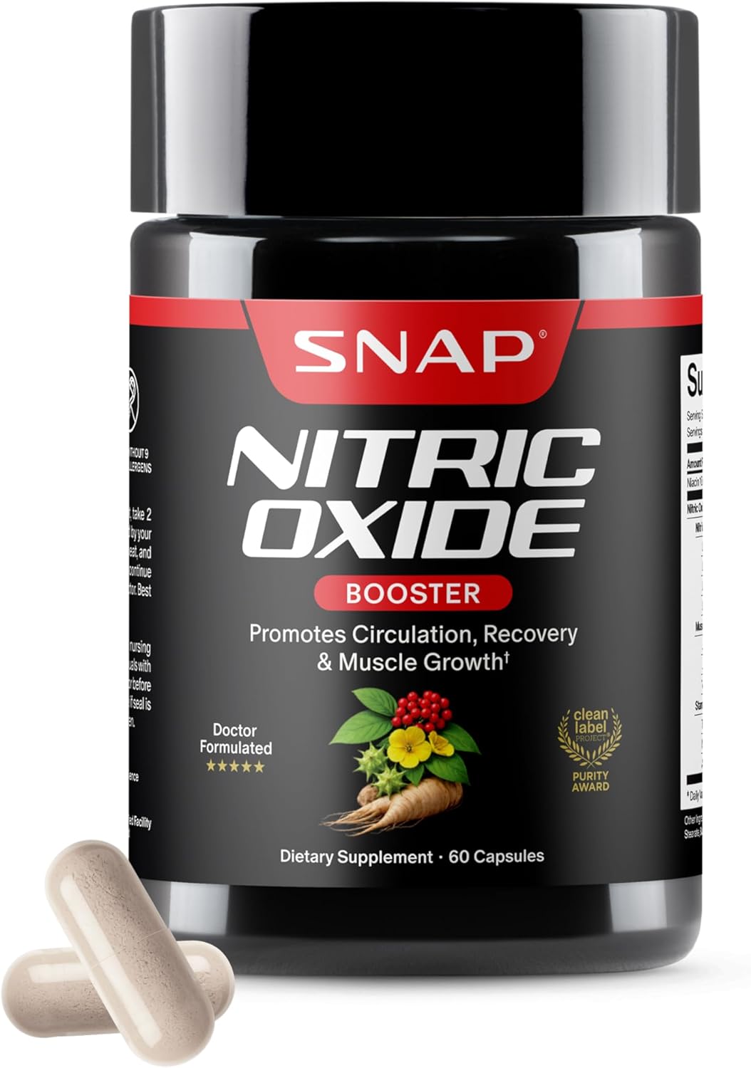Snap Supplements Nitric Oxide Booster for Men & Women, 60 Vegan Capsules