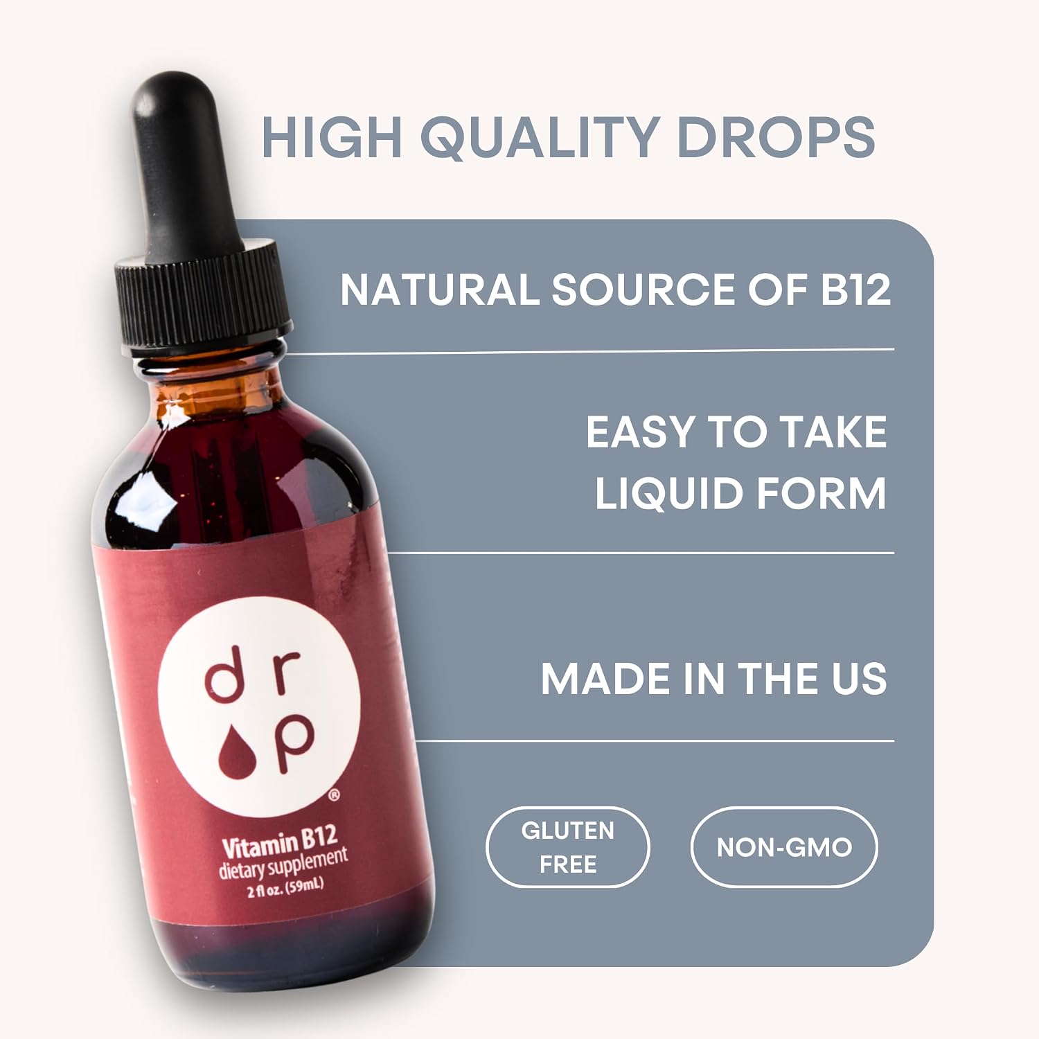 Drop Vitamin B12 Liquid Drops, 2500 mcg Methylated B12 (Methylcobalamin), Sublingual Drops for Energy and Nervous System Support, Natural Cherry