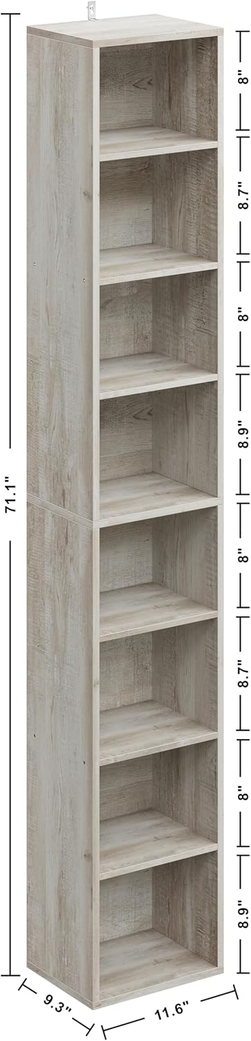 IRONCK Tall Narrow Bookshelf 8 Tiers, Compact Corner Bookcase, Floor Standing Display Storage Shelves 71 in Tall, Easy to Match for Living Room, Office, Study, Bedroom