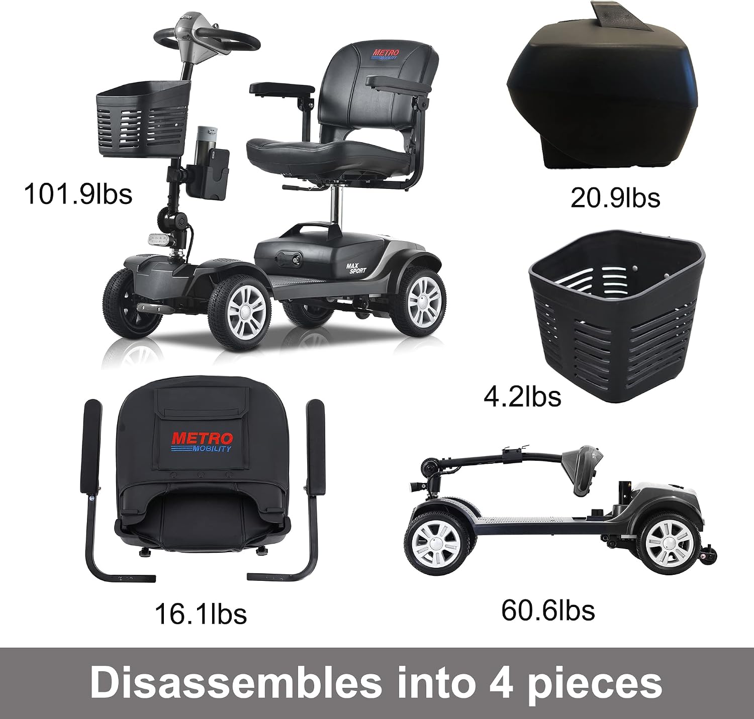Metro Mobility 4 Wheel Powered Mobility Scooter for Seniors - 300 lbs Capacity Electric Mobility Scooter for Adults - Long Range Power Extended