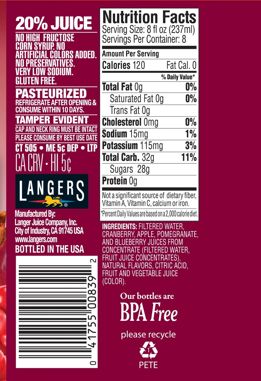 Langers Juice Cocktail, Pineapple Orange Guava, 15.2 Fl Oz (Pack of 12)