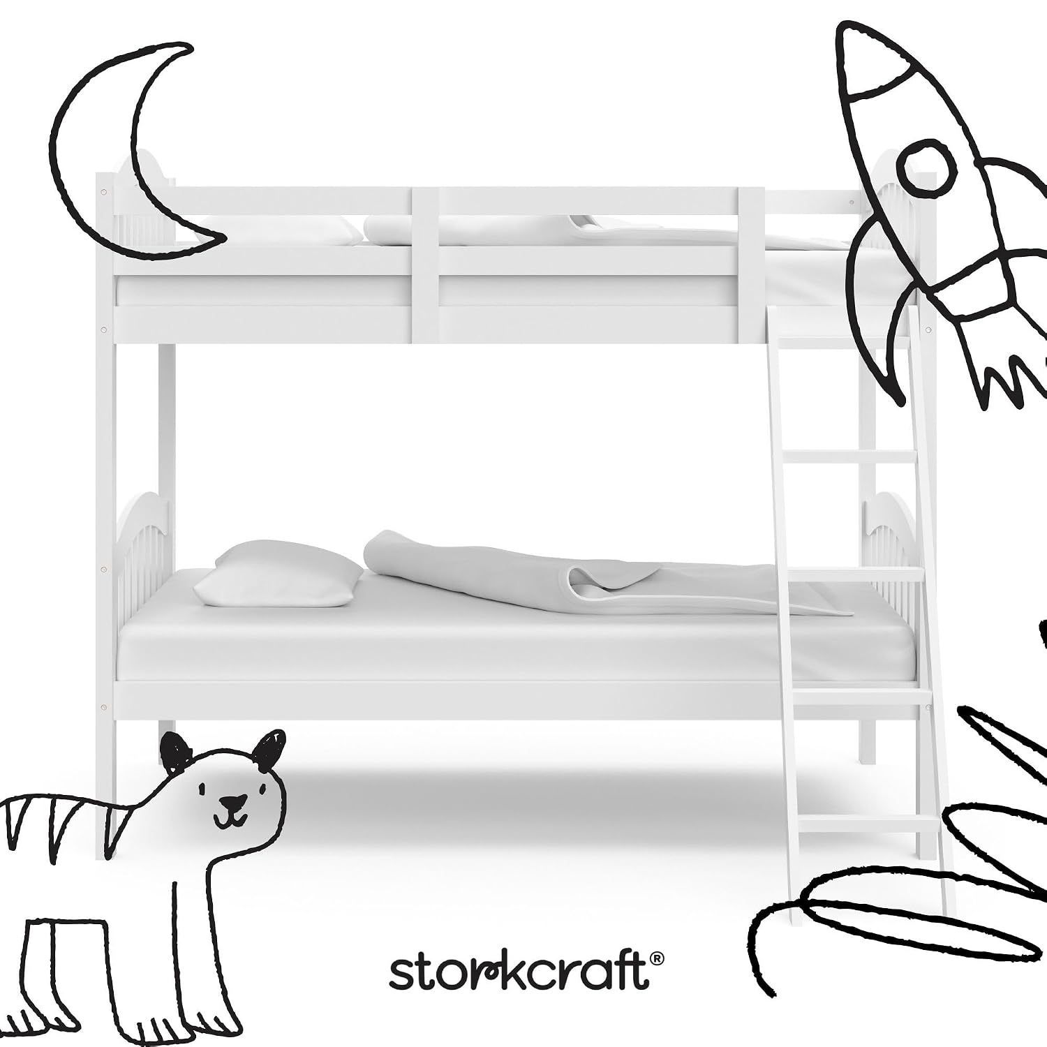 Storkcraft Long Horn Twin-Over-Twin Bunk Bed, White | GREENGUARD Gold Certified, Converts to 2 Individual Twin Beds, Wood Bunk Bed for Kids Bedroom, No Box Spring Required