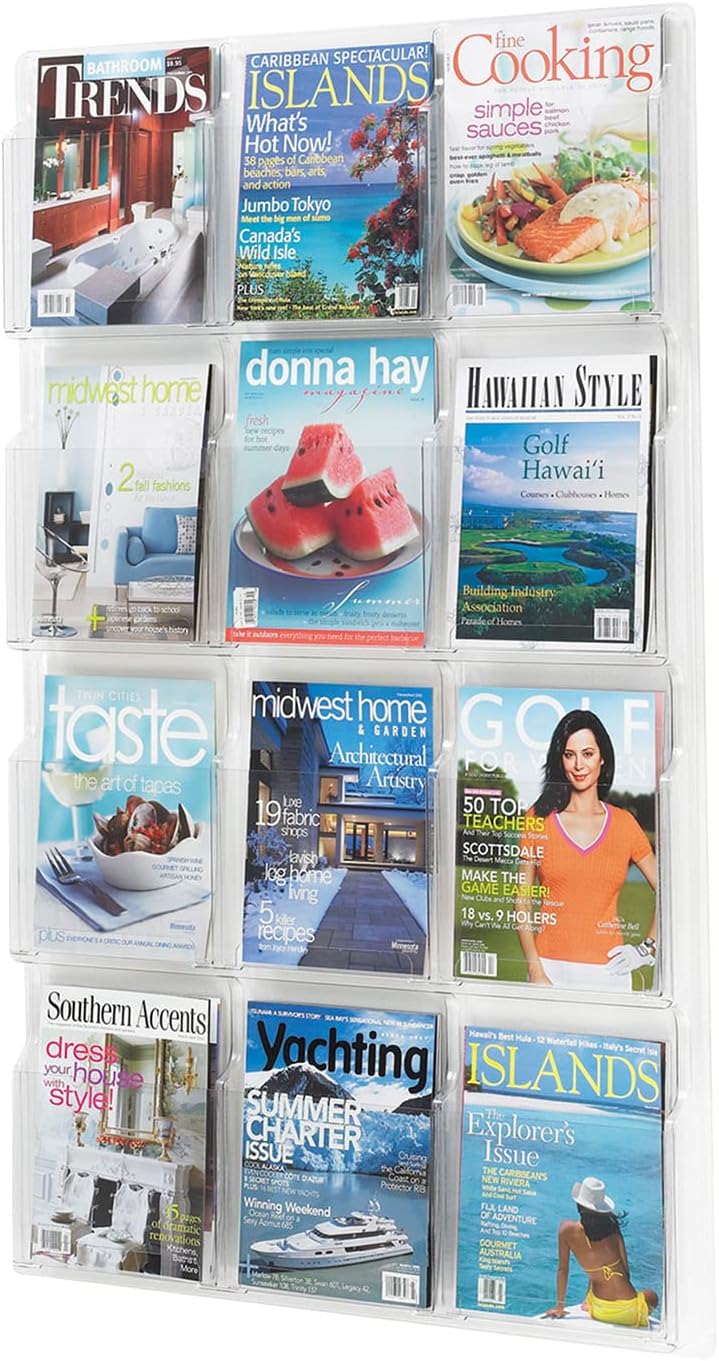 Safco Reveal Literature Rack, 12 Magazine Holder, Wall Mountable, Thermoformed Plastic Resin Construction, No Sharp Edges or Corners, Acrylic, Clear