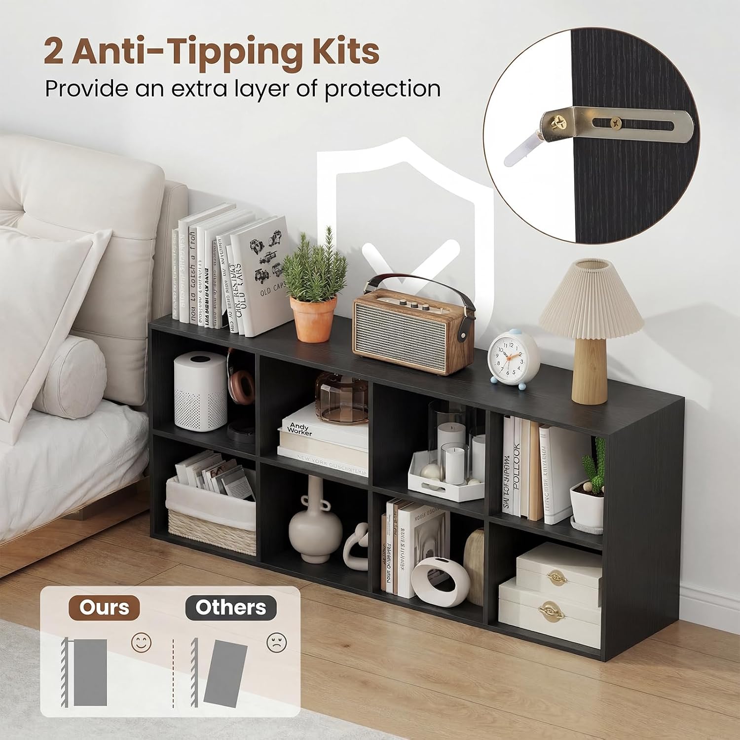 Giantex 8-Cube Bookcase, 3-Tier Cubby Bookshelf, Horizontal Vertical Display Rack with Anti-Tipping Kits, Modern Storage Organizer Shelf Unit for Bedroom, Living Room, Study (Natural, 8-Cube)