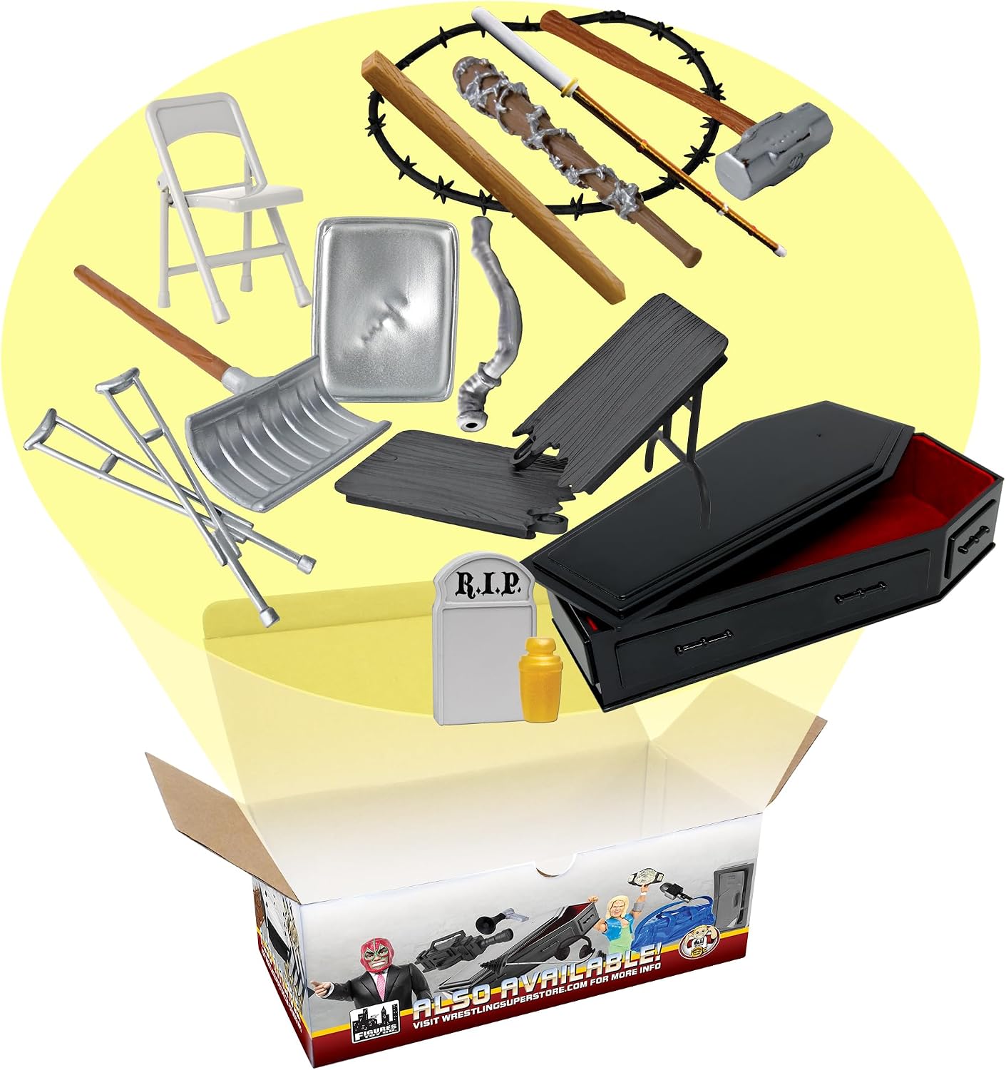 Hardcore Coffin 15 Piece Accessory Set for Wrestling Action Figures | Create Hardcore Matches with a Coffin, Breakable Table, Tombstone, Crutches