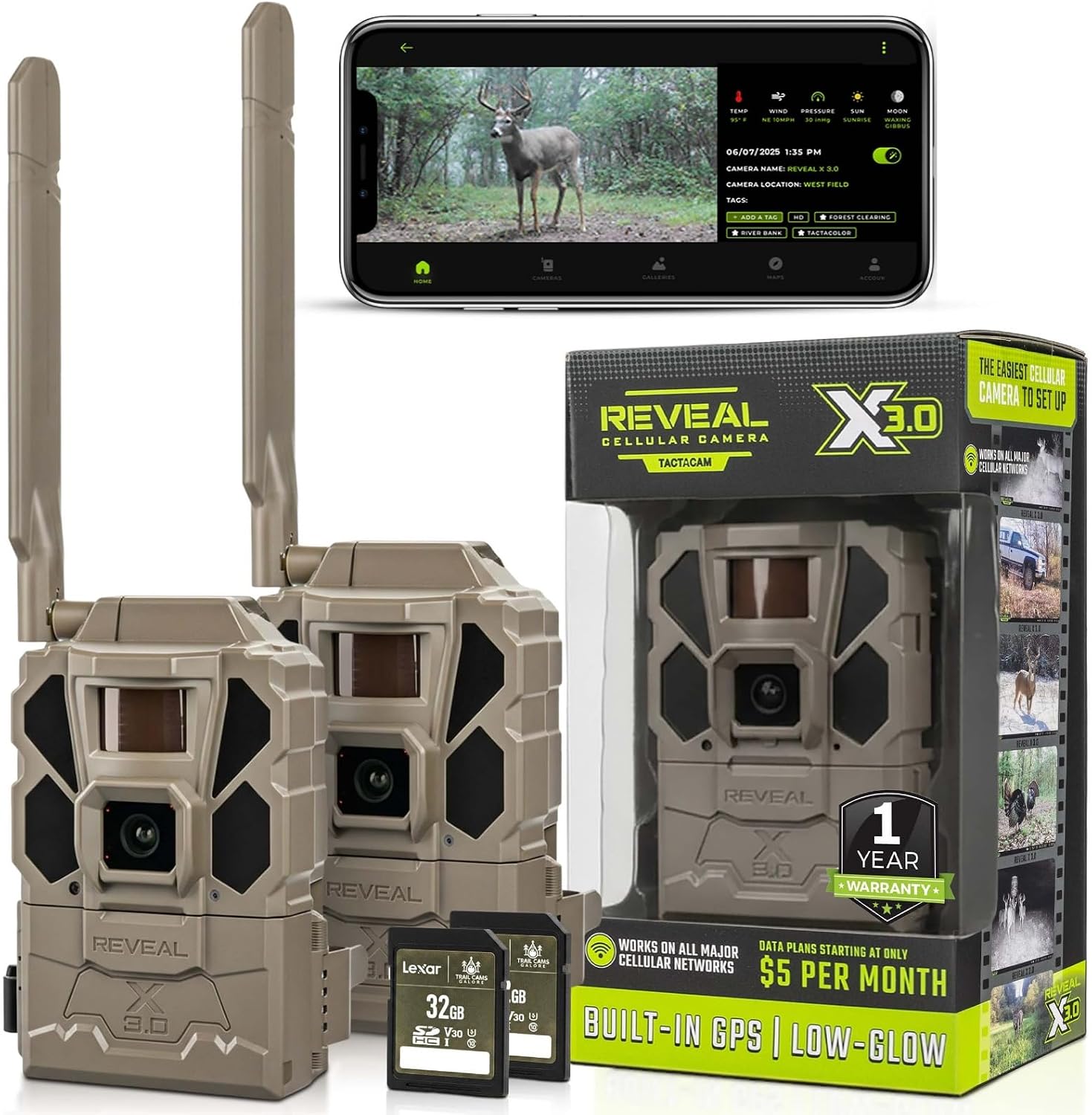 Tactacam REVEAL X Gen 3.0 Cellular Trail Camera - Multi Carrier, HD Photos & Videos, Pre-Installed Antenna, Built-in GPS, Best Battery Life, Low-Glow IR Flash, Fast Trigger Speed + 32GB SD Card (2 PK)